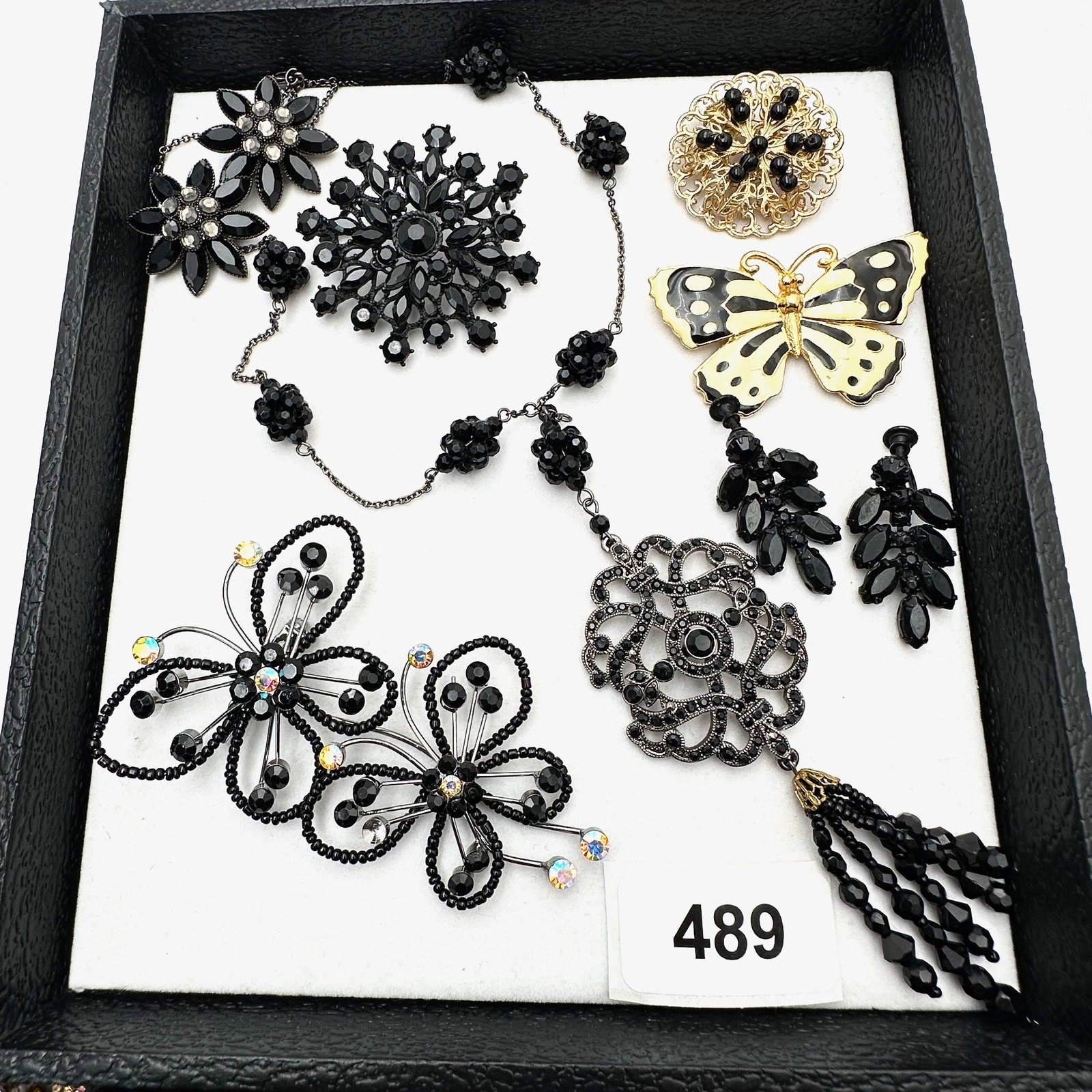 Jewelry Group Lot Black Rhinestone Brooches Necklace Earrings Enamel Butterfly Pin (1 of 2)