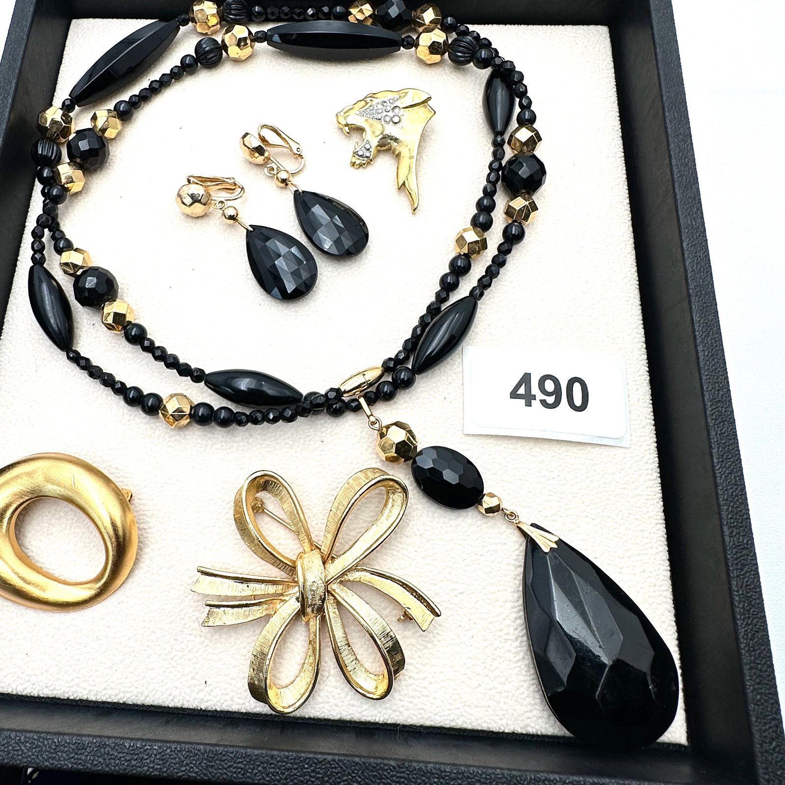 Jewelry Group Lot Black and Gold Tone Necklaces Earrings and Brooches (1 of 2)