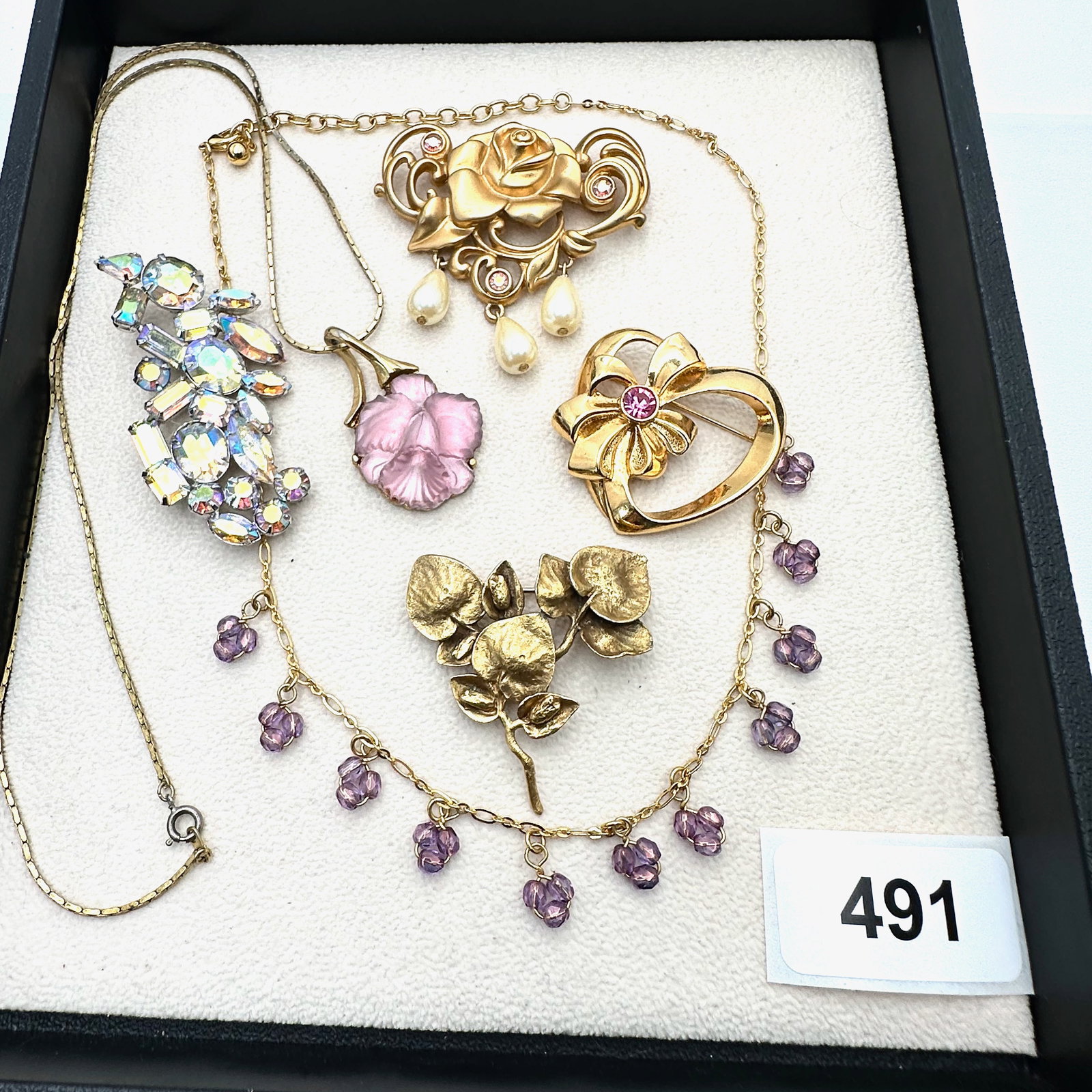 Jewelry Group Lot Gold Tone Purple Flower Necklaces Rhinestone Brooches (1 of 2)