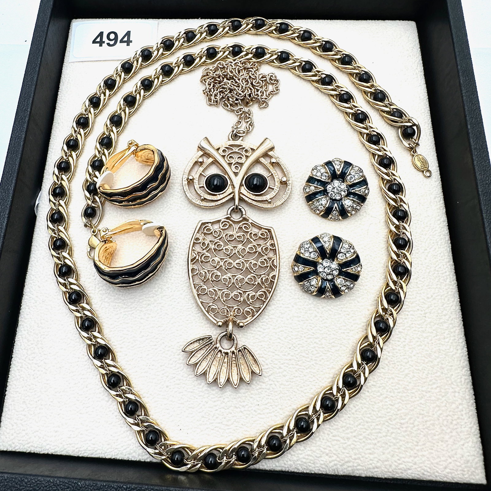 Jewelry Group Lot Black Enamel Gold Tone Earrings Napier Black Gold Necklace Large Owl Pendant: Jewelry Group Lot Black Enamel Gold Tone Earrings Napier Black Gold Necklace Large Owl Pendant