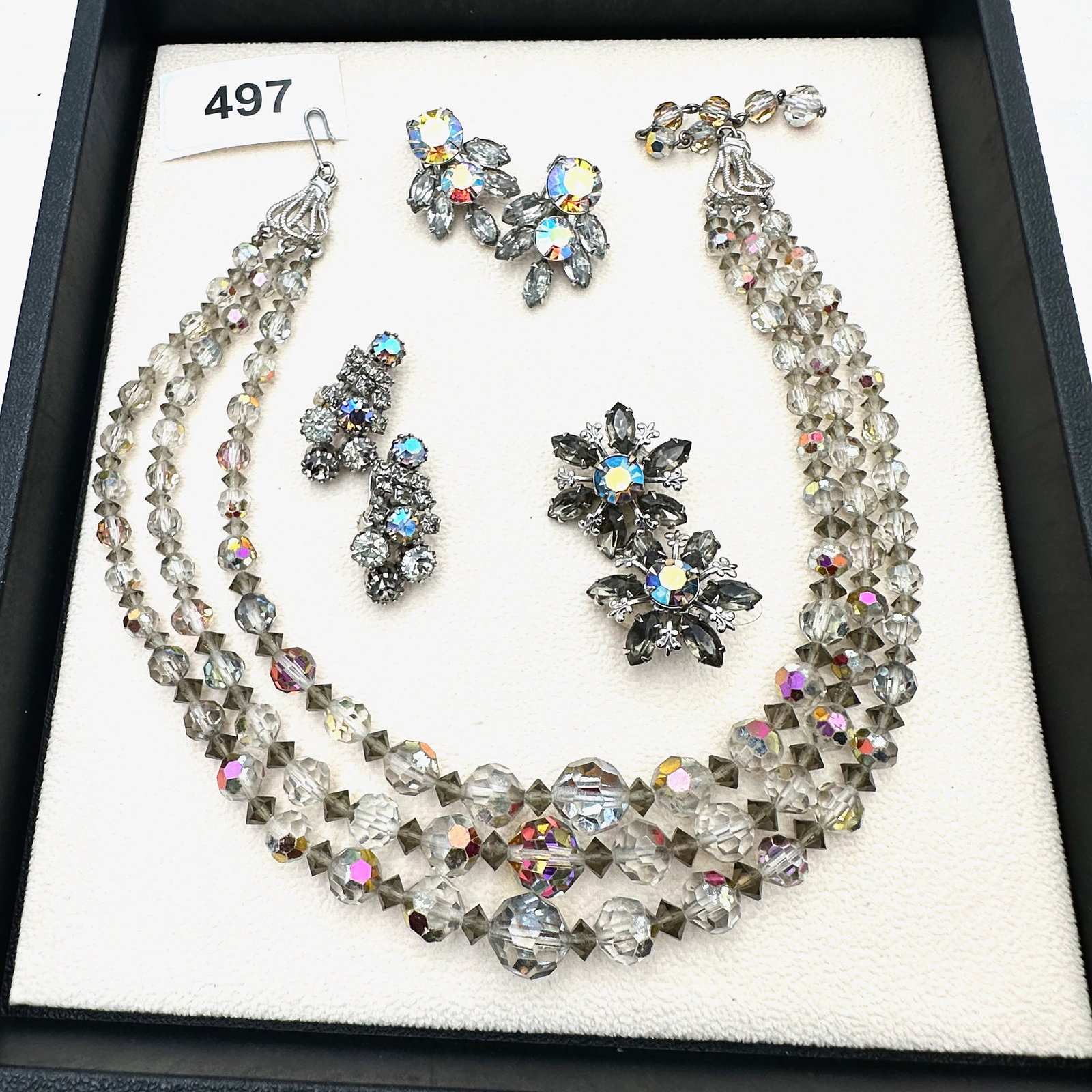 Jewelry Group Lot Silver Tone Grey Rhinestone Clip Earrings Aurora Borealis Necklace (1 of 2)