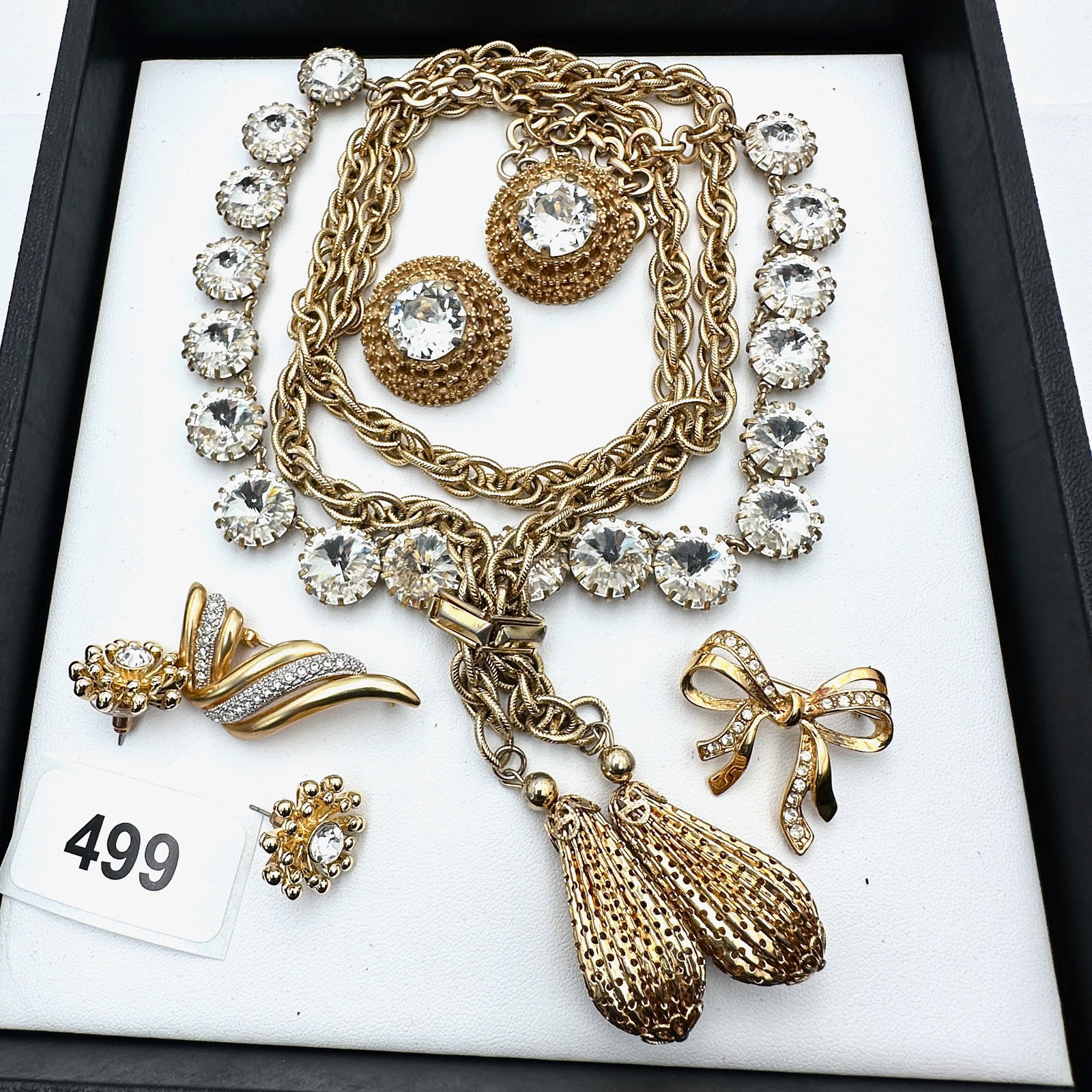 Jewelry Group Lot Gold Tone Clear Rhinestone Necklaces Earrings Brooches: Jewelry Group Lot Gold Tone Clear Rhinestone Necklaces Earrings Brooches