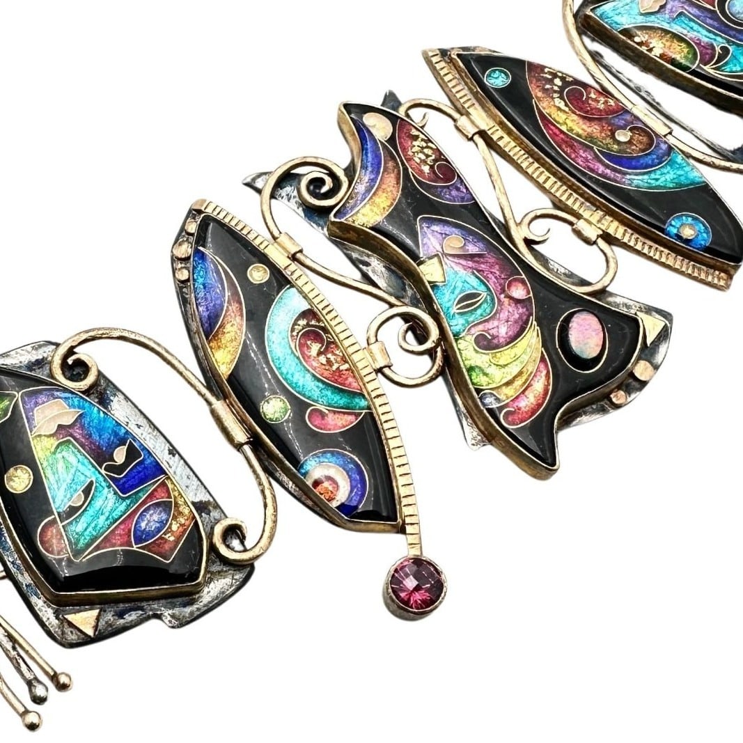 RARE Alexa Peter Smarsh Sterling 14k 22k Gold Cloisonne Opal Bracelet: RARE Unsigned Alexa Peter Smarsh Sterling 14k 22k Gold Cloisonne Opal Bracelet7 Inch Length, 2 Inch Width, 80 Grams Total Weight, Unsigned, Purchased from a collector that had multiple pieces of Alexa