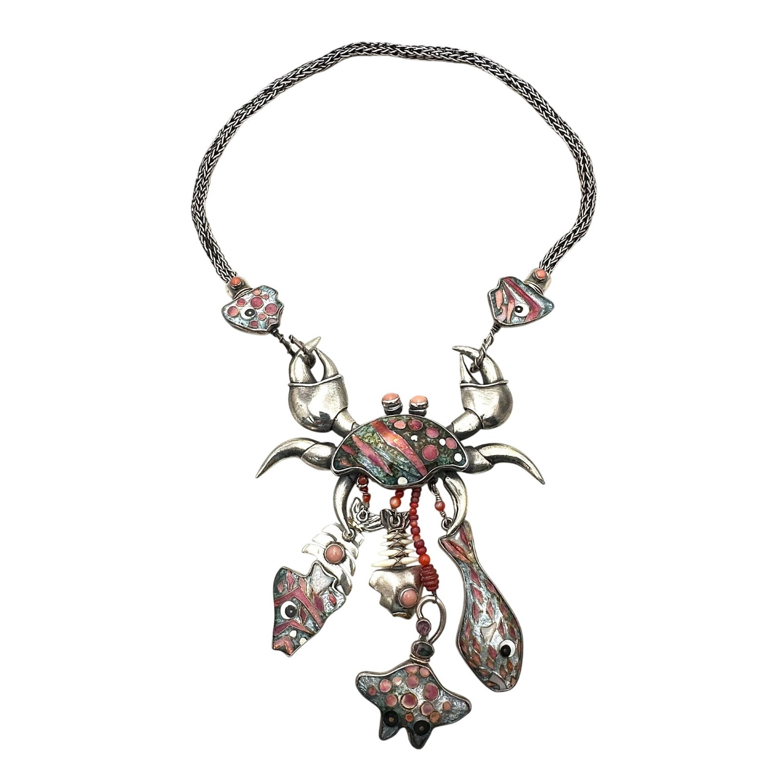 Kristin Holeman Sterling Silver Multi Gemstones Crab Stingray Fish Necklace: Kristin Holeman Sterling Silver Multi Gemstones Crab Stingray Fish NecklaceEmbrace the ocean's charm with this exquisite sterling silver necklace featuring multi gemstones. A unique design of crab, st