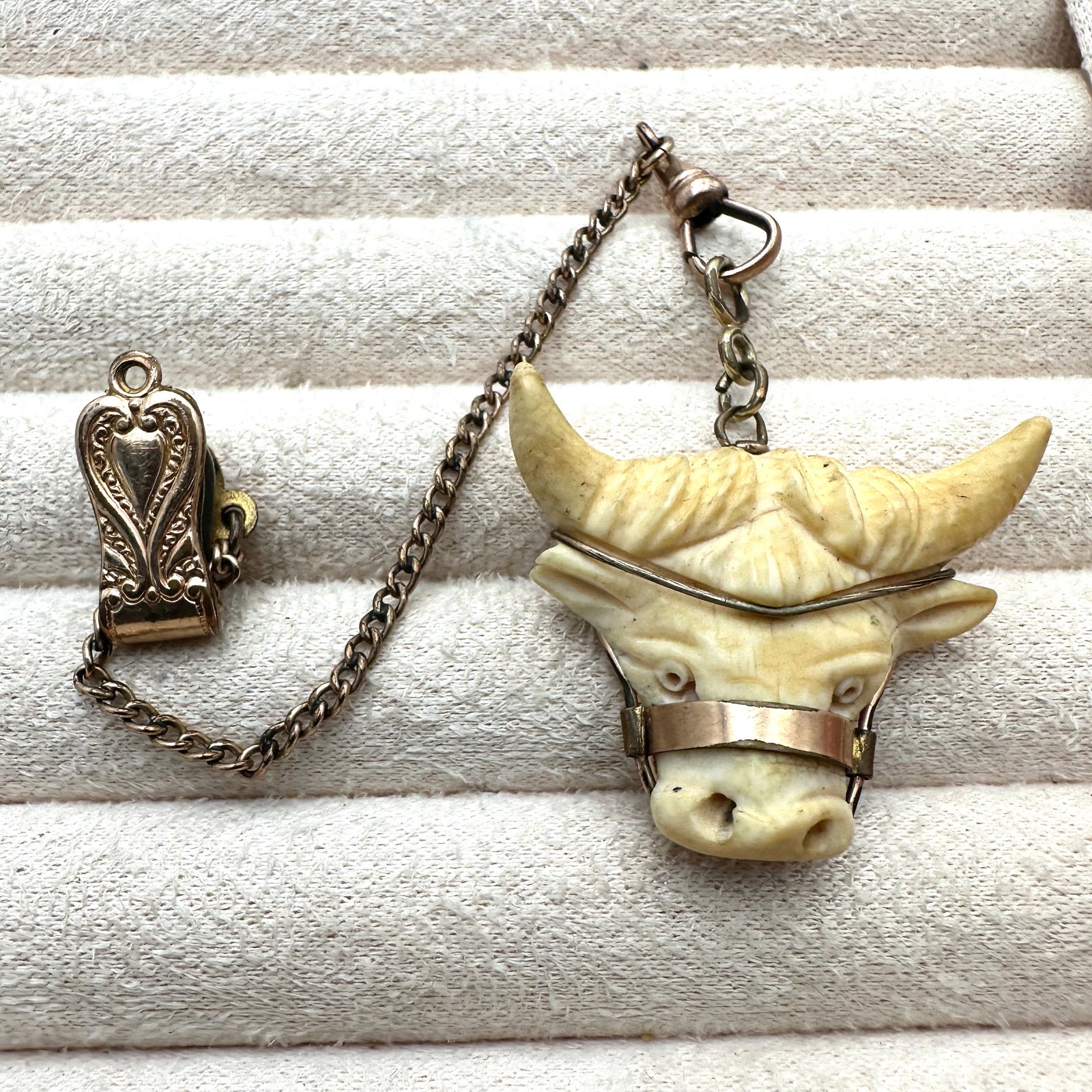 Antique Victorian Gold Filled Watch Chain Carved Long Horn Cattle Fob: Antique Victorian Gold Filled Watch Chain Carved Long Horn Cattle Fob