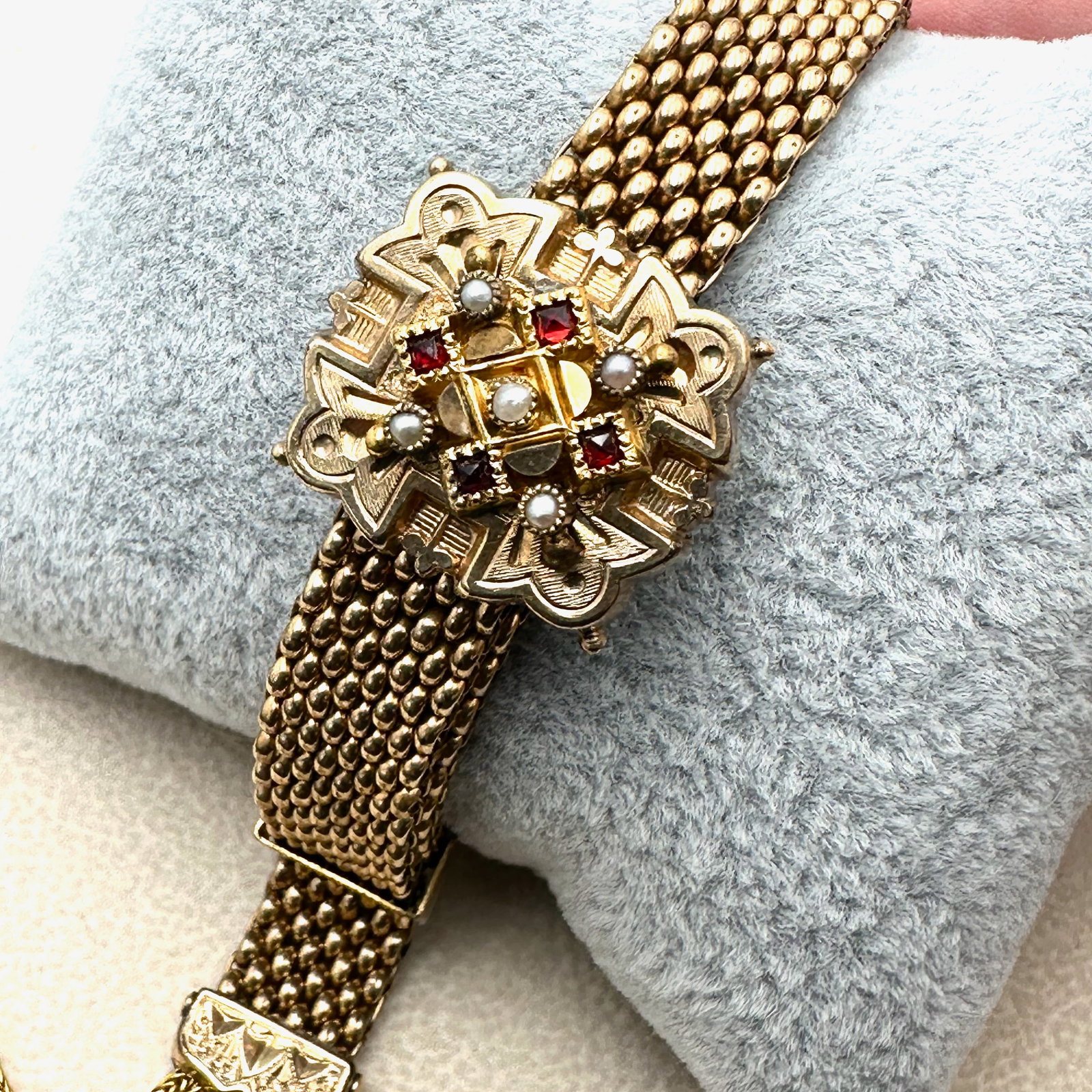 Antique Victorian Gold Filled Mesh Chain Bracelet Red & Pearl Slide (1 of 3)