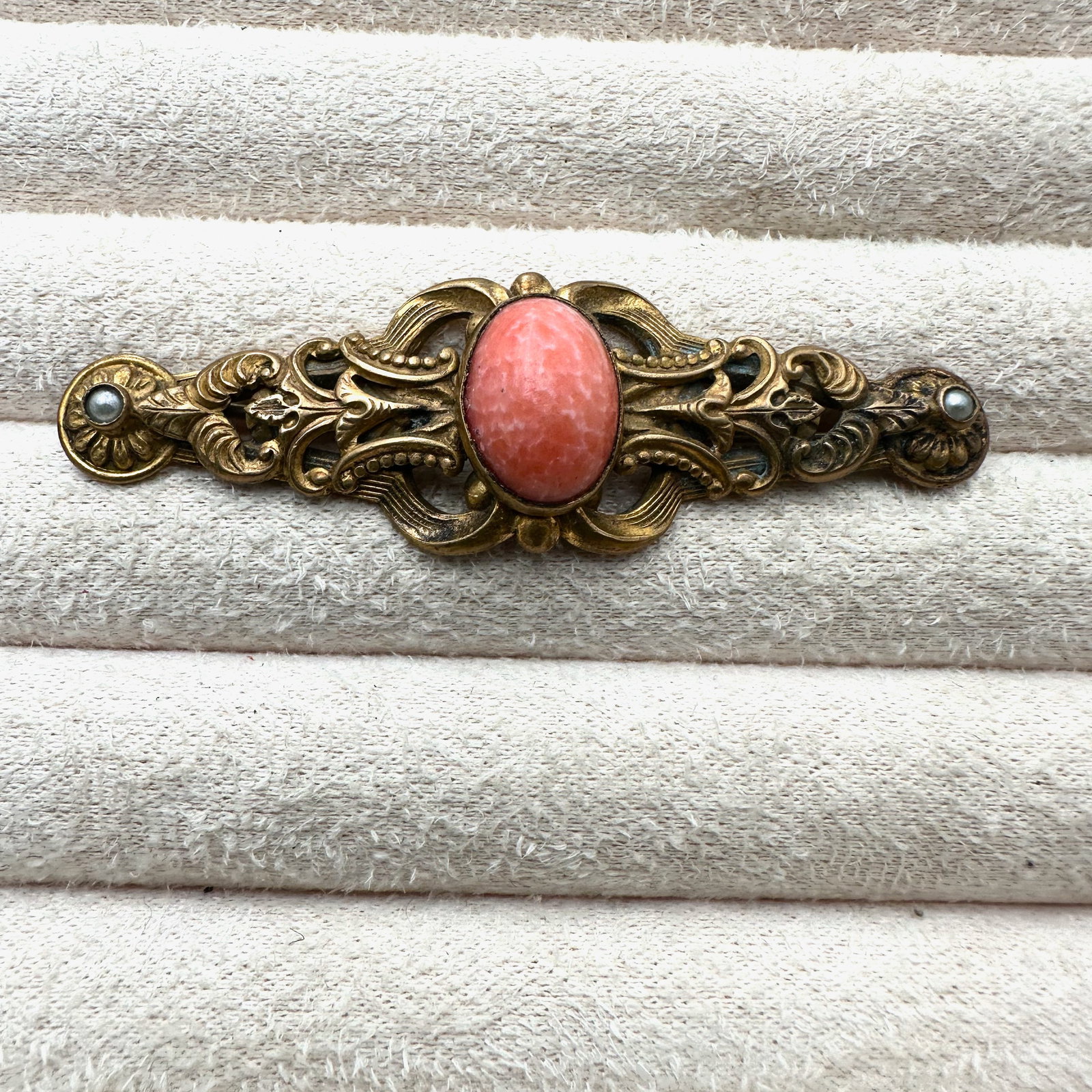 Antique Vintage Gold Tone Pink Czech Glass Brooch Pin 2.5 Inch (1 of 2)