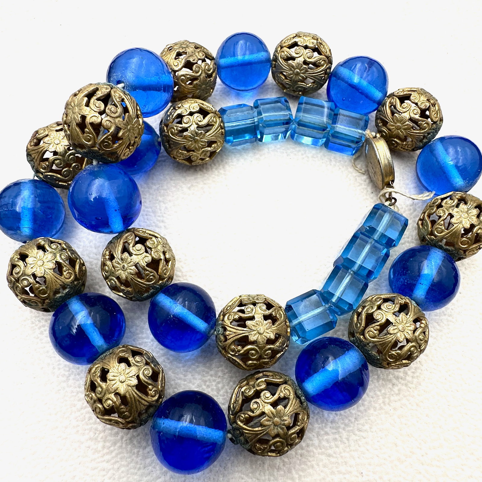 Antique Vintage Blue Czech Glass Antiqued Gold Tone Filigree Ball Bead Necklace 18 Inch: Antique Vintage Blue Czech Glass Antiqued Gold Tone Filigree Ball Bead Necklace 18 Inch