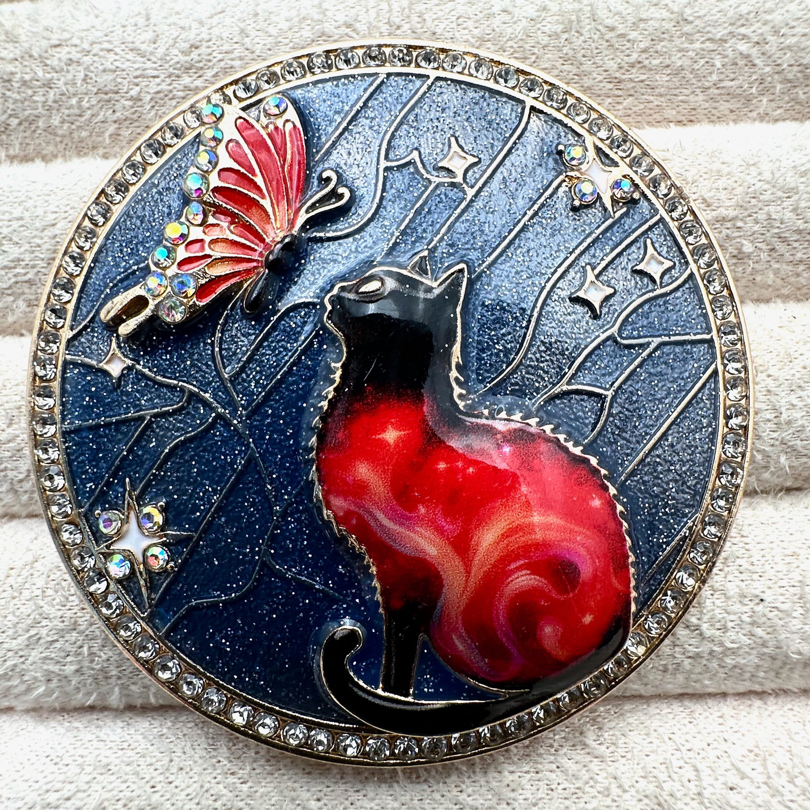 Enamel Rhinestone Cat and Butterfly Gold Tone Brooch Pin 2.25 Inch (1 of 2)
