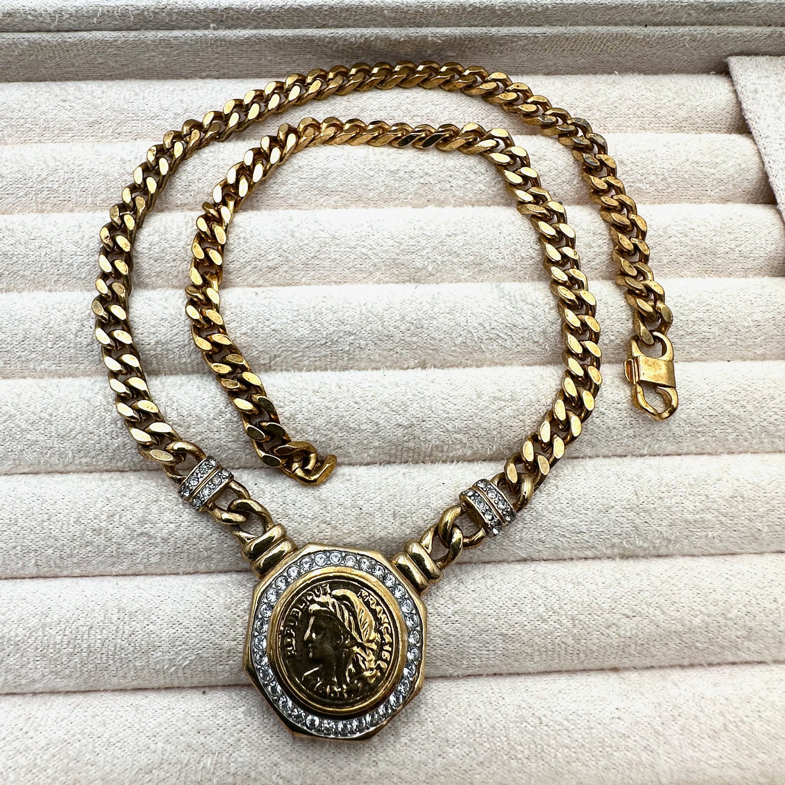 Vintage Ancient Gold Coin Clear Rhinestone Necklace 18 Inch: Vintage Ancient Gold Coin Clear Rhinestone Necklace 18 Inch