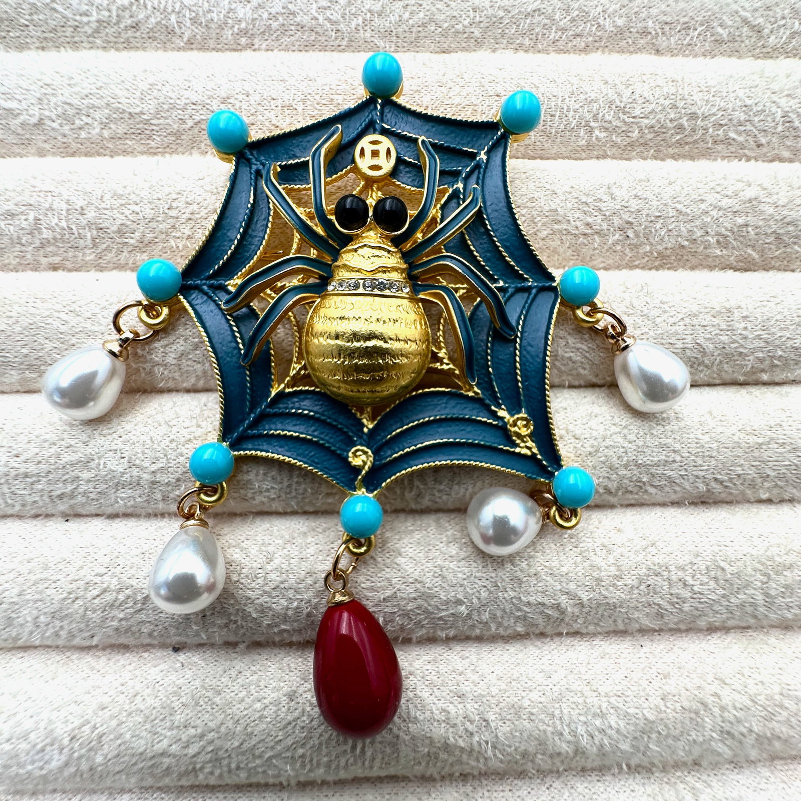 Enamel and Rhinestone Gold Tone Spider on Web Brooch Pin 3 Inch (1 of 2)