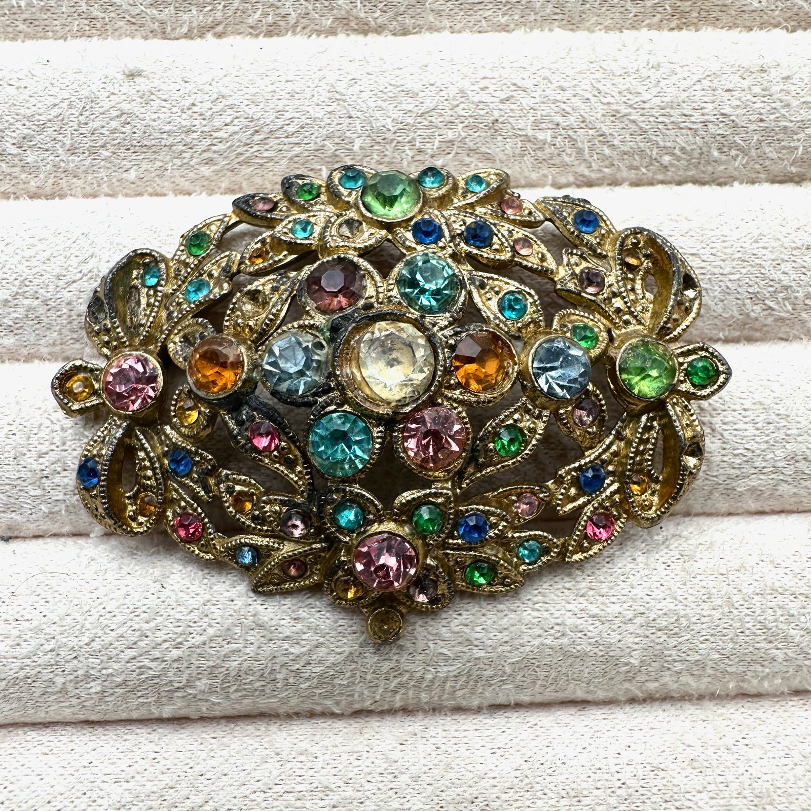 Antique Vintage Gold Gilt Silver Pot Metal Multicolor Rhinestone Brooch Pin 2 Inch (1 of 2)
