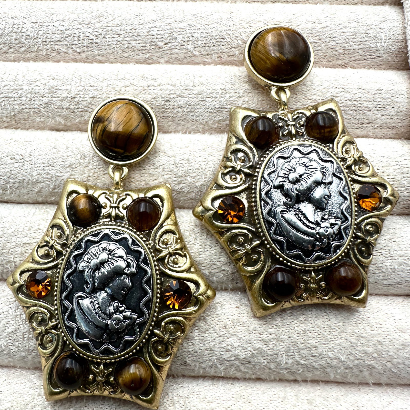 Tigers Eye Gemstone Amber Rhinestone Gold and Silver Tone Pierced Chandelier Earrings 2 Inch (1 of 2)