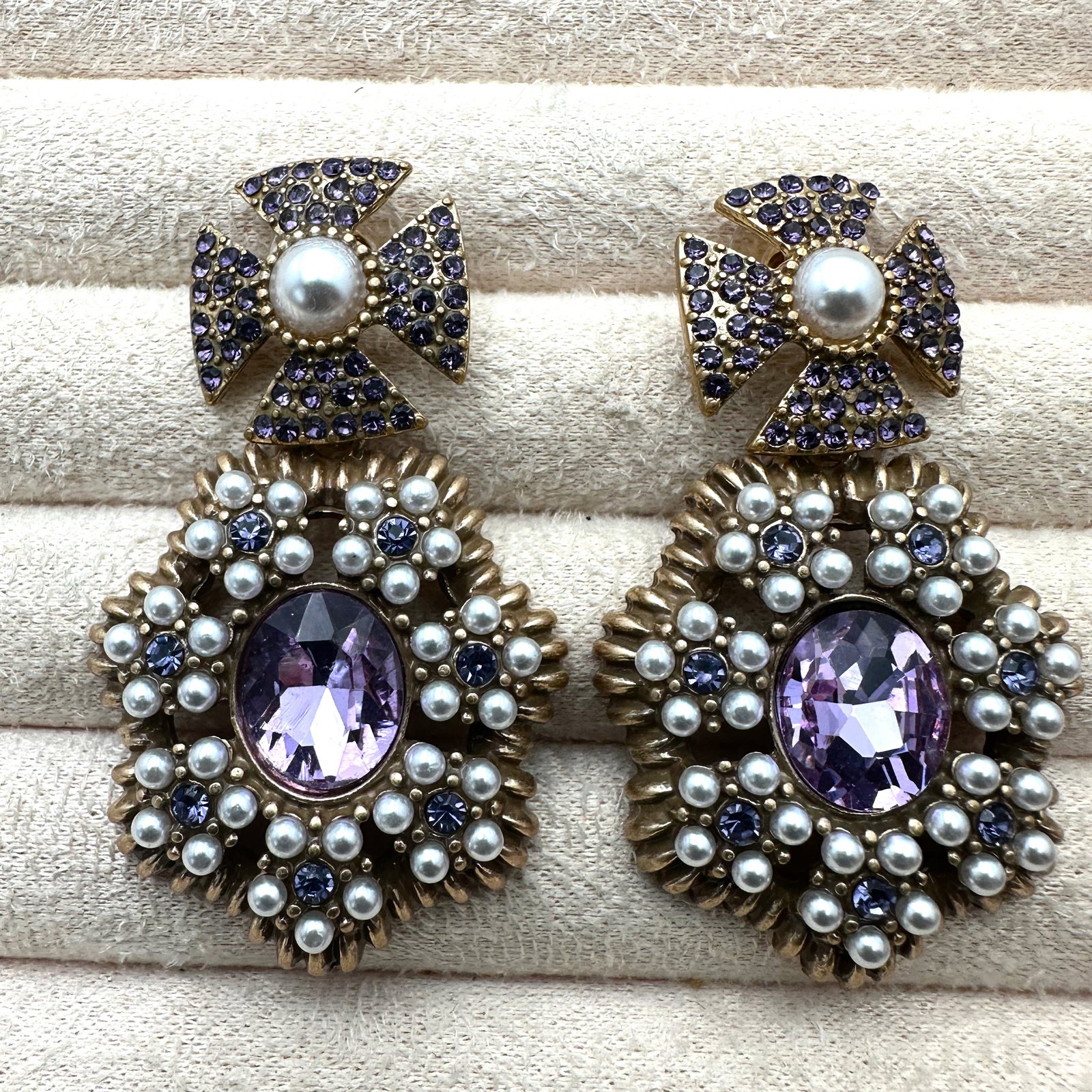 Pink Crystal Faux Pearl Maltese Cross Gold Tone Pierced Earrings 2 Inch (1 of 2)