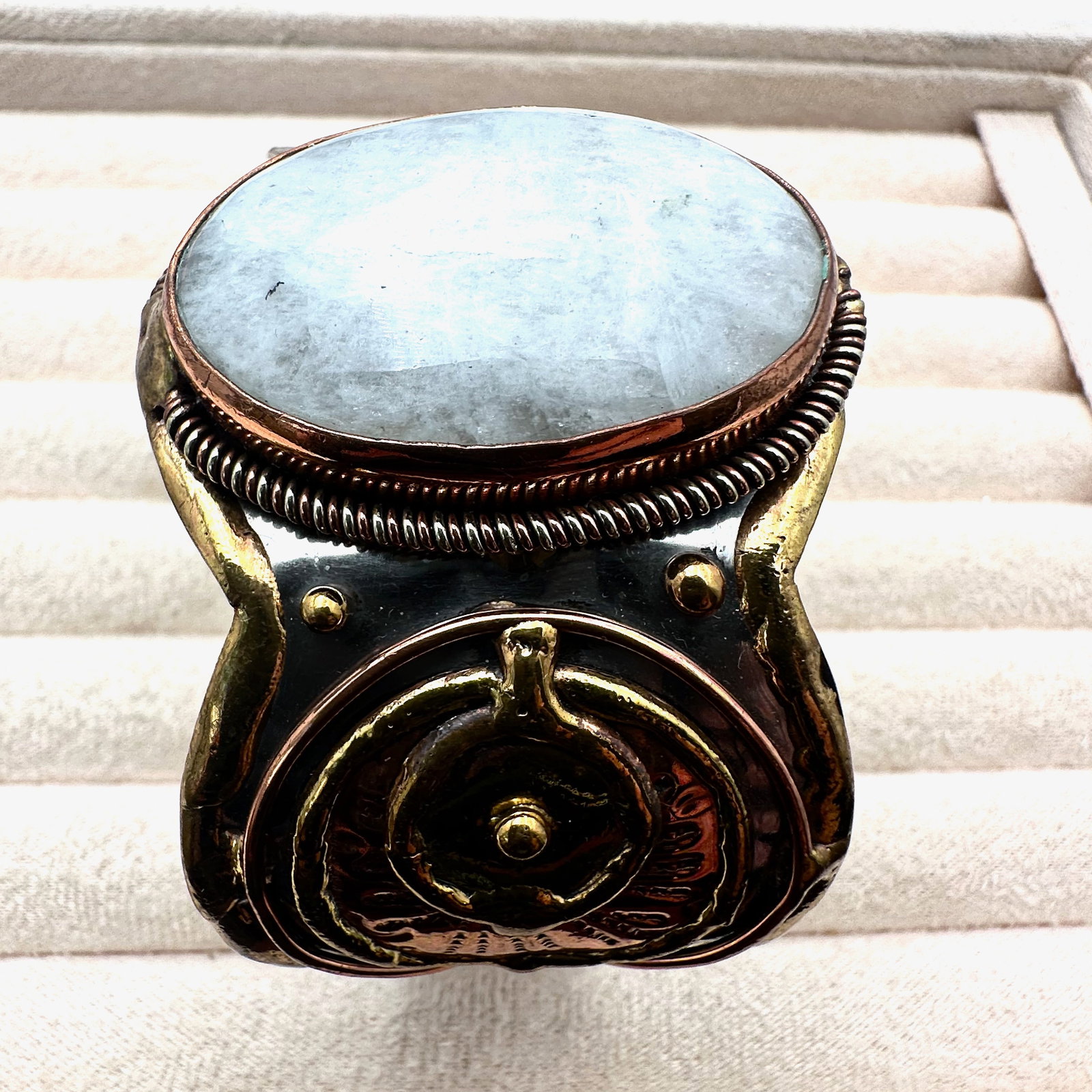 Artisan Copper Brass Silver Light Green Gemstone Cuff Bracelet: Artisan Copper Brass Silver Light Green Gemstone Cuff Bracelet