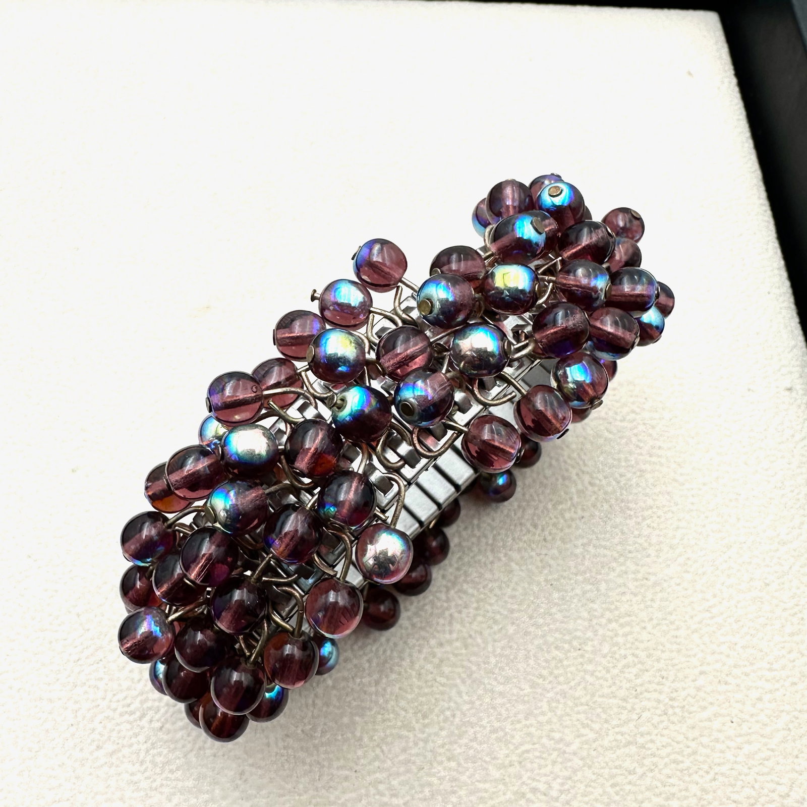 Vintage Expandable Silver Tone Bracelet Purple Aurora Borealis Glass Bead Bracelet (1 of 2)