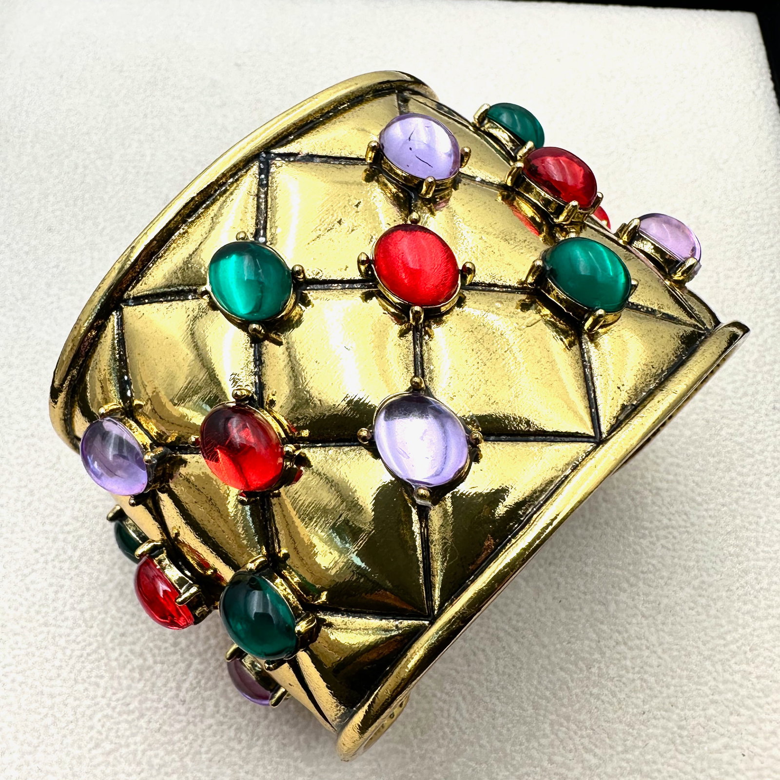 Heavy Gold Tone Wide Cuff Bracelet Red Green and Purple Glass Cabochon Bracelet 7.5 Inch (1 of 4)