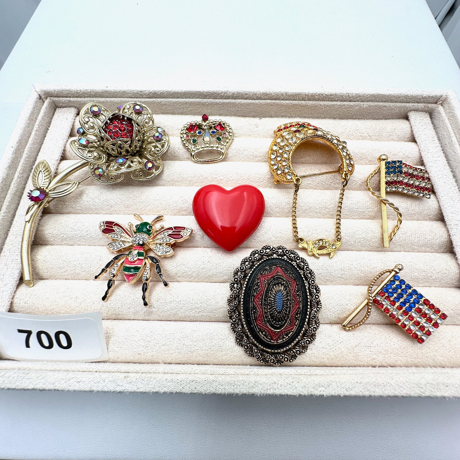 Vintage Group Lot Brooches Pins Red Rhinestones Flower Bee Heart Crown and More (1 of 2)