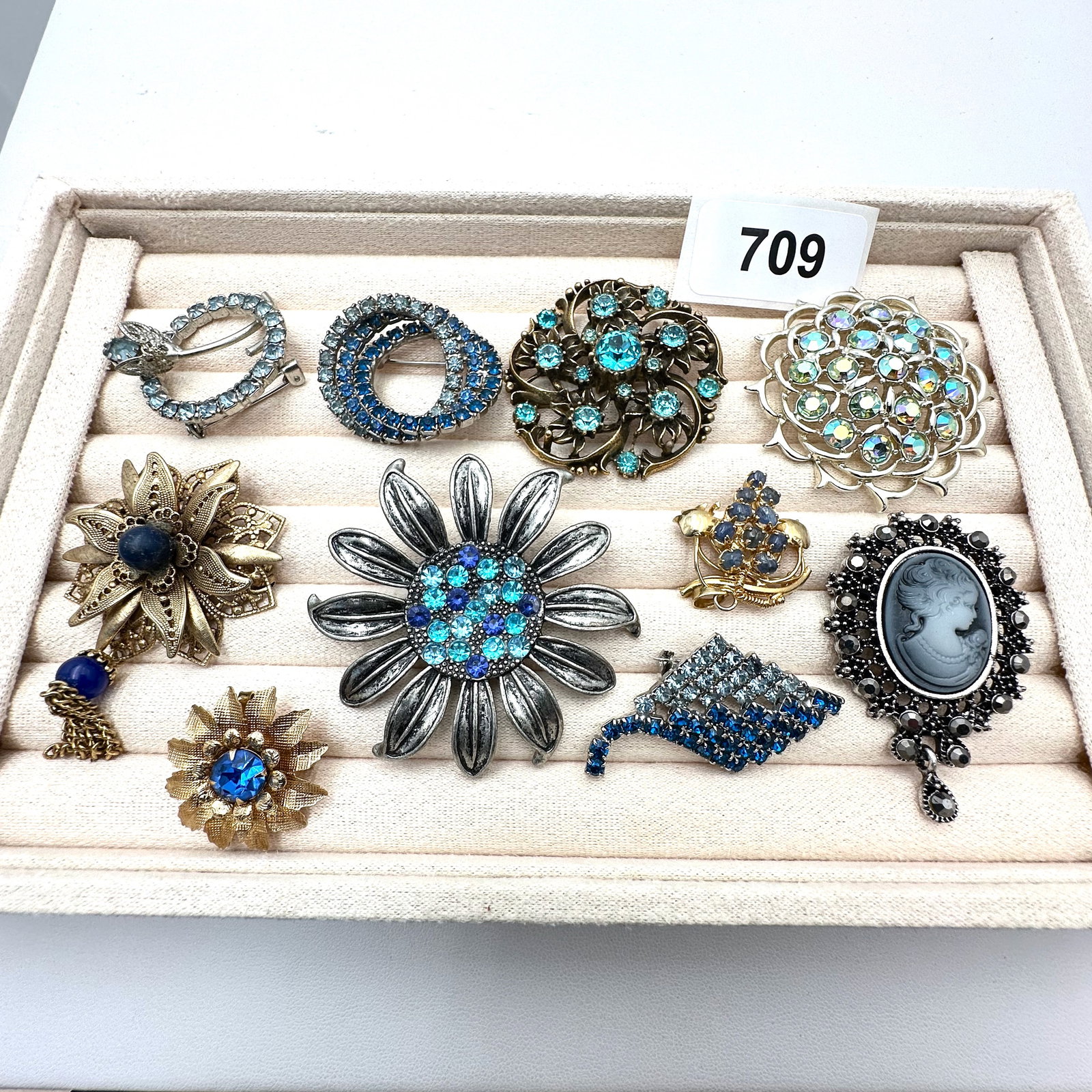 Vintage Group Lot of Brooches Pins Blue Glass Rhinestones and More (1 of 2)