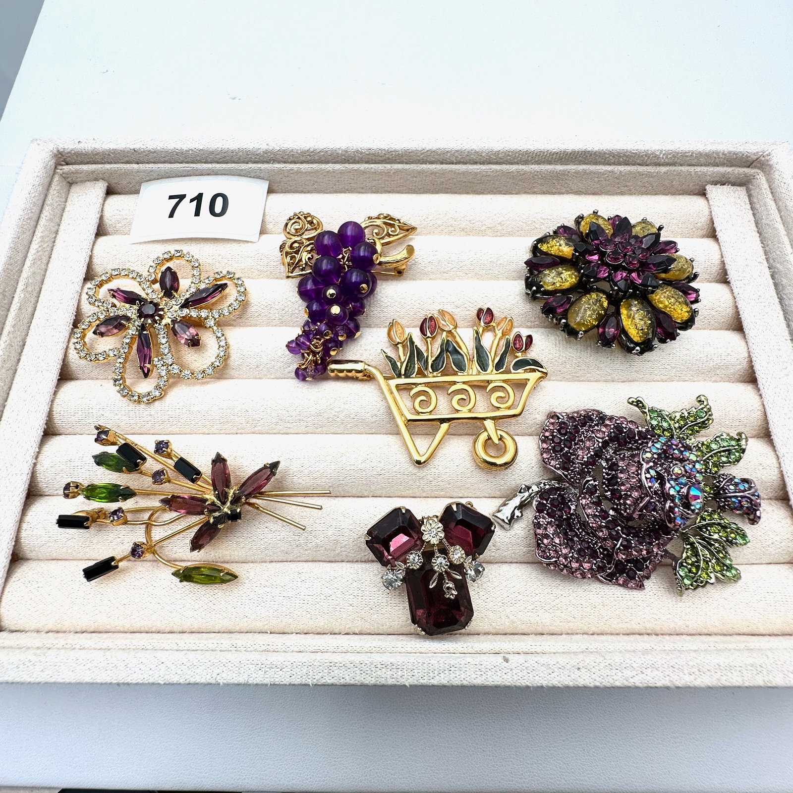 Vintage Group Lot of Brooches Pins Purple Glass Rhinestones Grapes Flower Cart and More: Vintage Group Lot of Brooches Pins Purple Glass Rhinestones Grapes Flower Cart and More