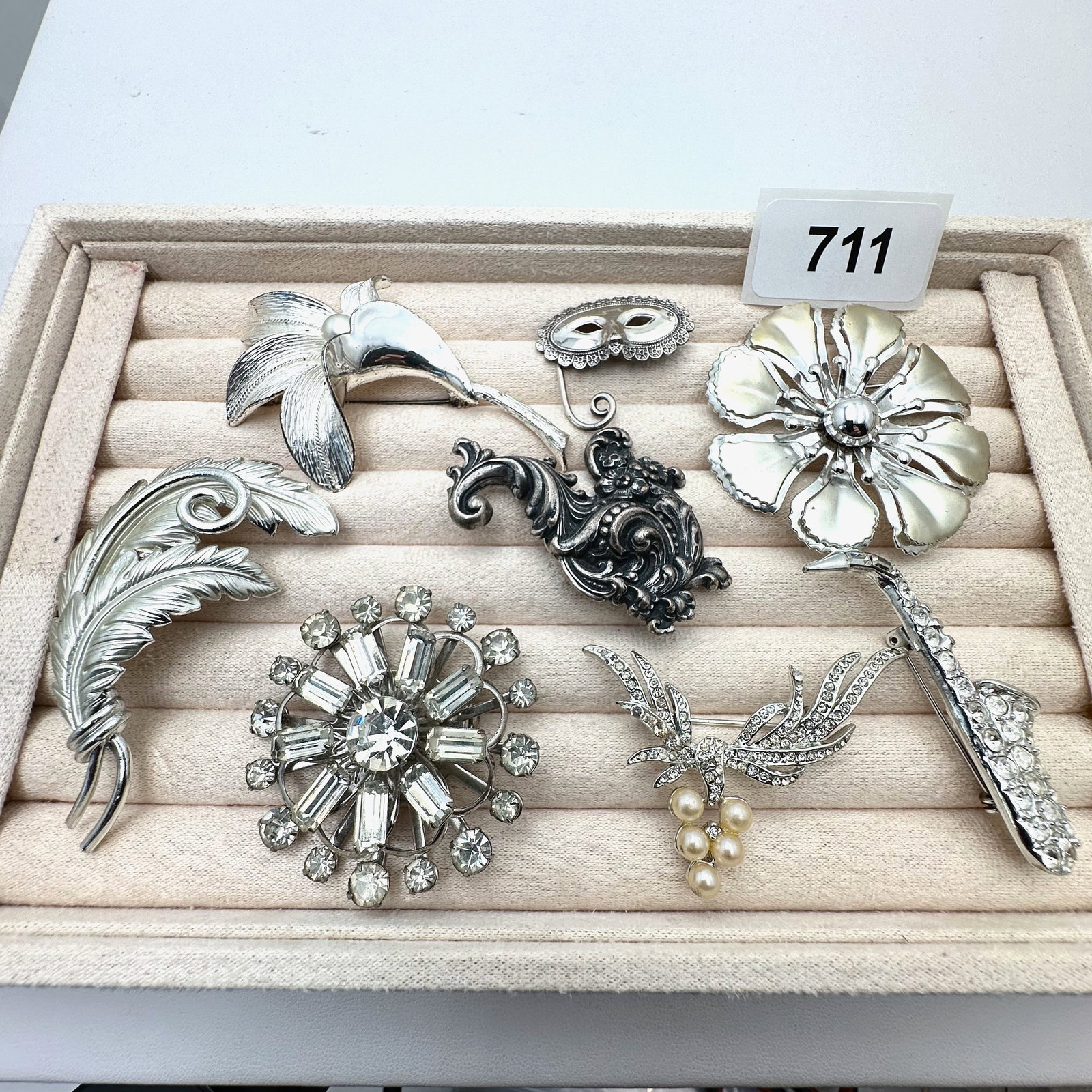 Vintage Group Lot of Brooches Pins Silver Tone Rhinestone Party Mask Saxophone and More (1 of 2)