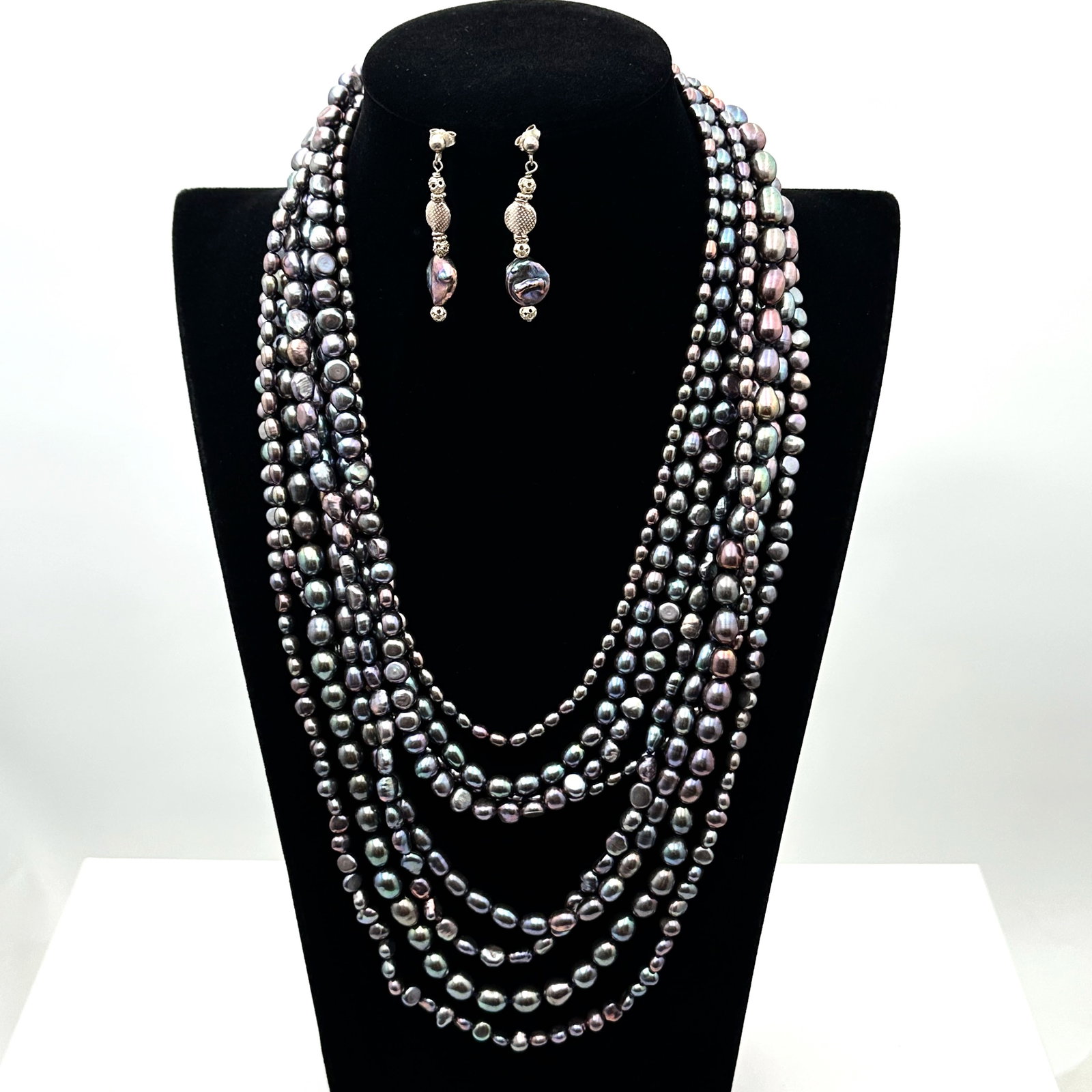 Sterling Silver Black Freshwater Pearls Multi Strand Necklace 18 Inch Wearable Length 5" Additional: Sterling Silver Black Freshwater Pearls Multi Strand Necklace 18 Inch Wearable Length 5" Additional Drop and Pierced Earrings
