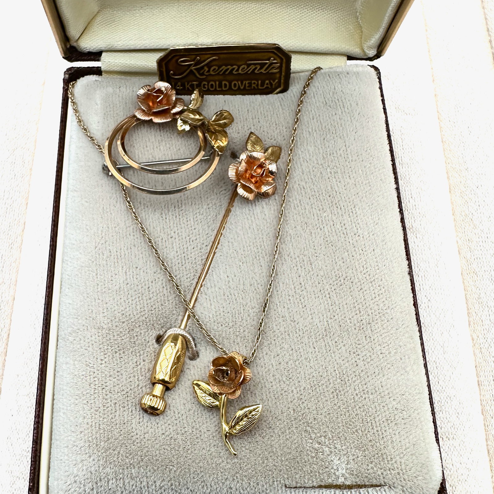 Vintage Krementz Gold Filled Rose Design Necklace Brooch and Stick Pin Original Box Included: Vintage Krementz Gold Filled Rose Design Necklace Brooch and Stick Pin Original Box Included