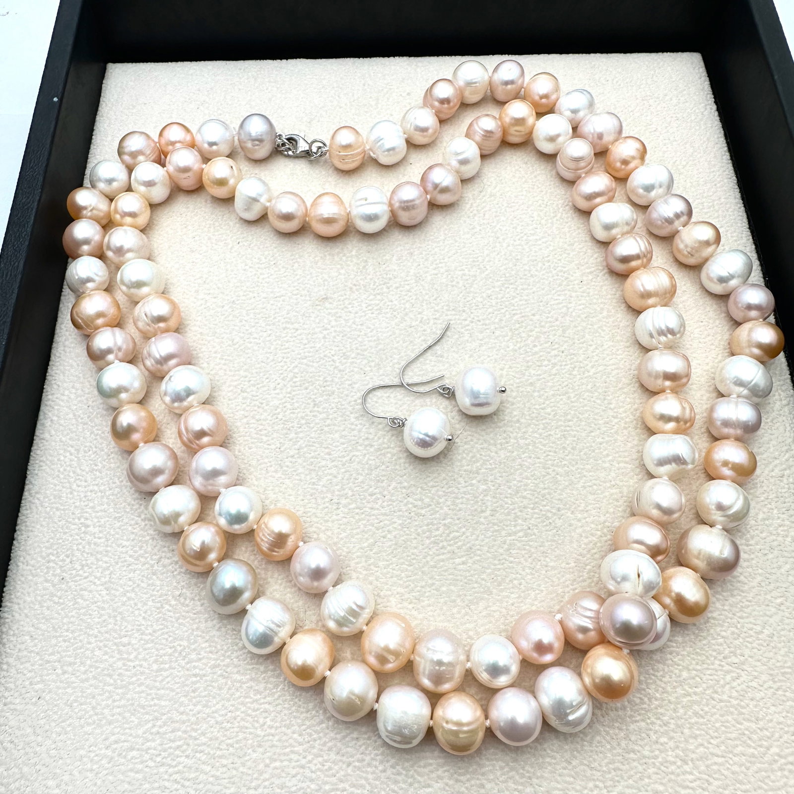 12mm Pink White and Peach Freshwater Pearl Sterling Silver Necklace 36 Inch Length and Pierced (1 of 2)