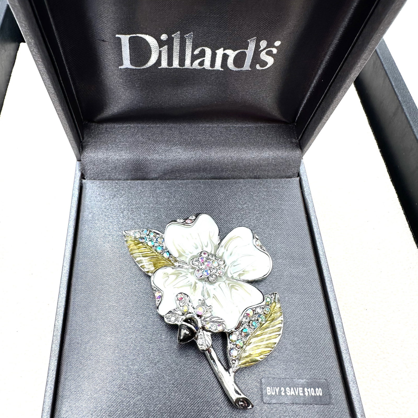 Vintage Enamel and Rhinestone Flower Silver Tone 2.5 Inch Brooch Pin in Original Box from Dillards (1 of 2)