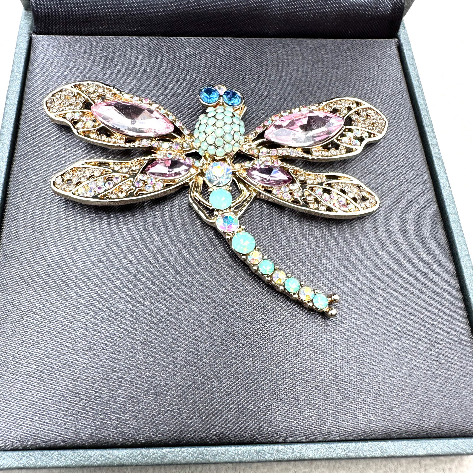Vintage Multicolor Rhinestone Gold Tone Dragonfly Brooch Pin in Original Box from Dillards: Vintage Multicolor Rhinestone Gold Tone Dragonfly Brooch Pin in Original Box from Dillards Department Store