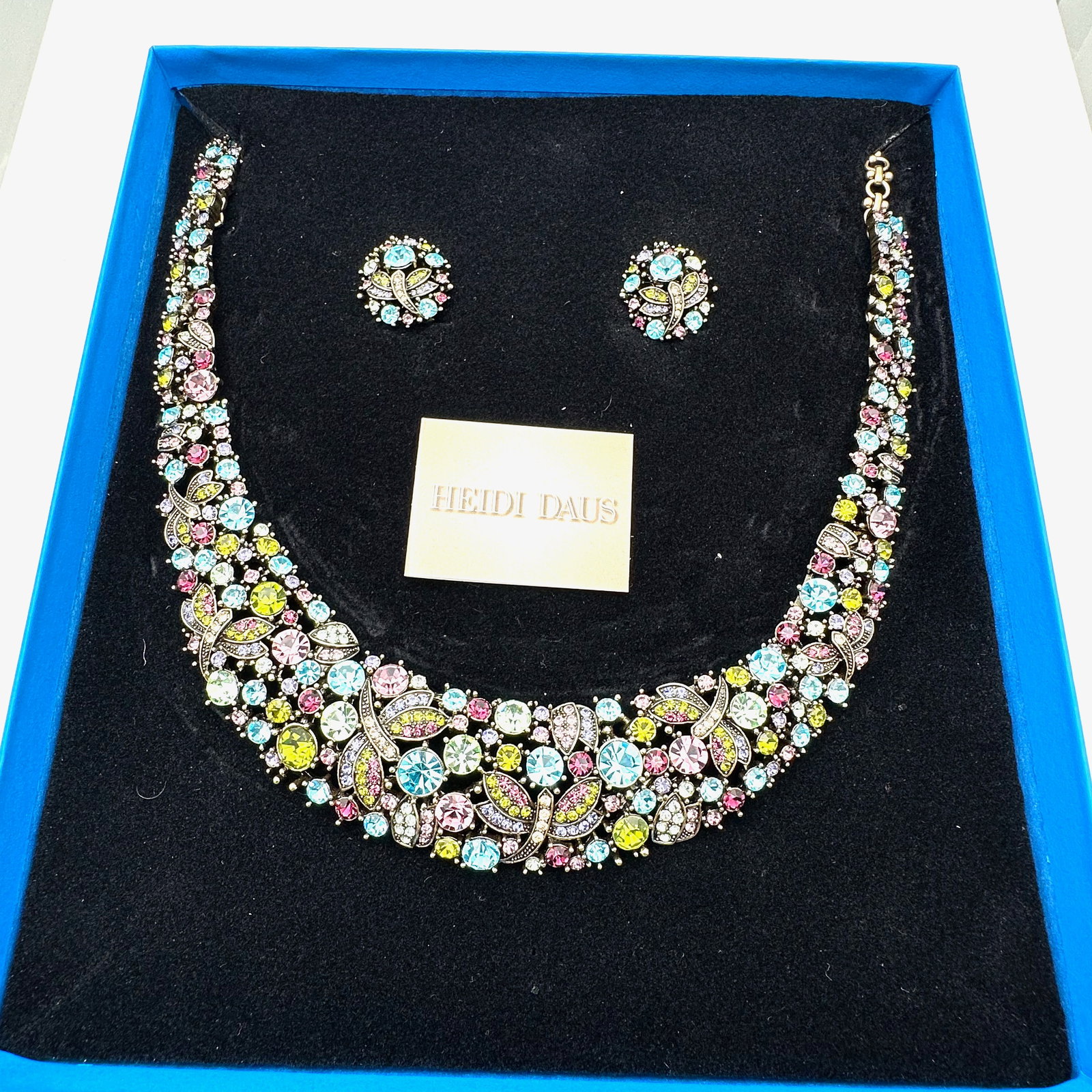 Heidi Daus Multicolor Crystal Bronze Tone Statement Necklace and Pierced Lever Back Earrings In (1 of 2)