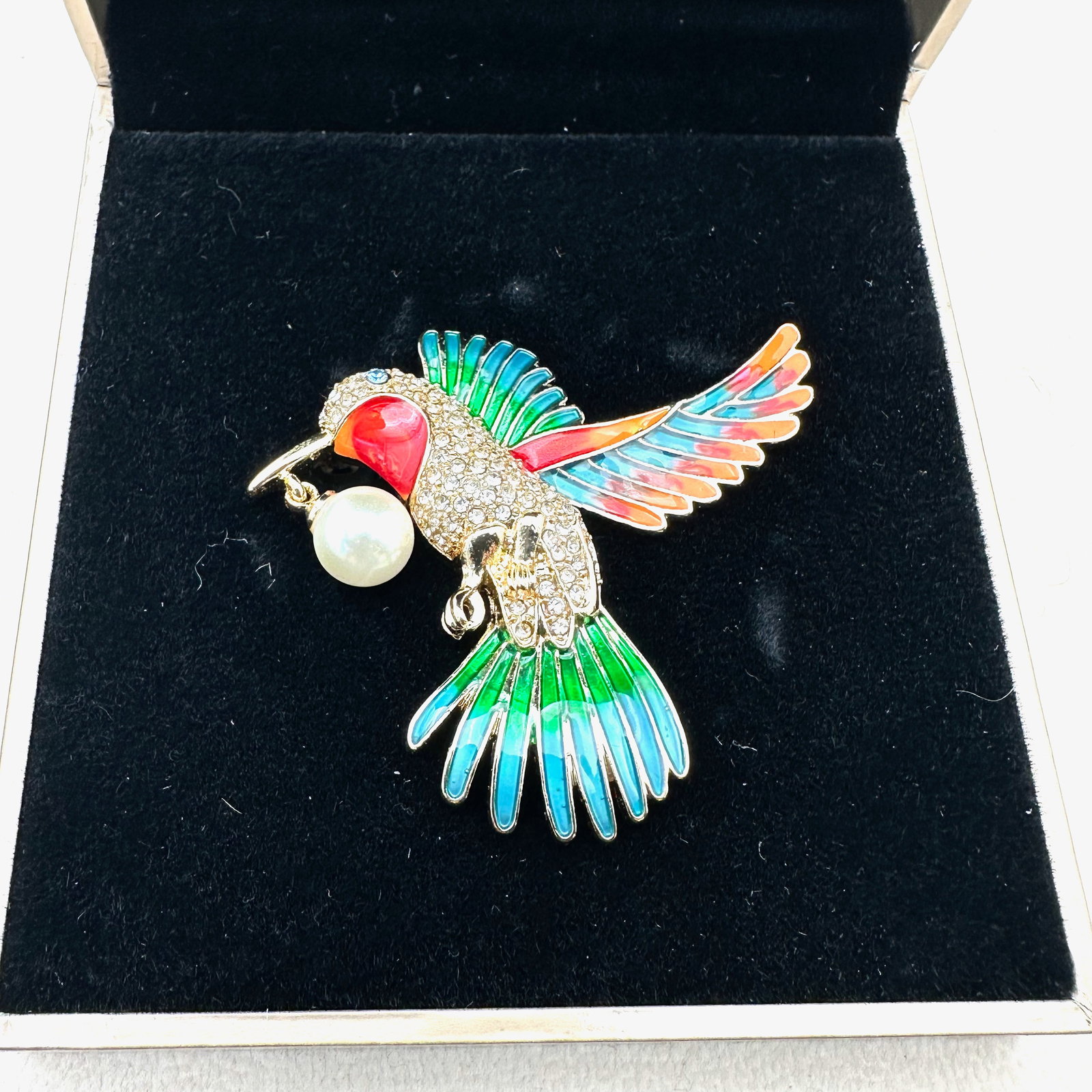 Enamel and Rhinestone Gold Tone Bird Brooch Pin in Original Box from Department Store: Enamel and Rhinestone Gold Tone Bird Brooch Pin in Original Box from Department Store
