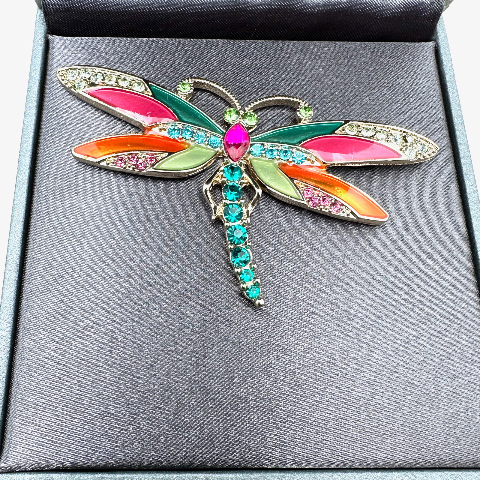 Enamel and Rhinestone Gold Tone Dragonfly Brooch Pin in Original Box from Department Store: Enamel and Rhinestone Gold Tone Dragonfly Brooch Pin in Original Box from Department Store