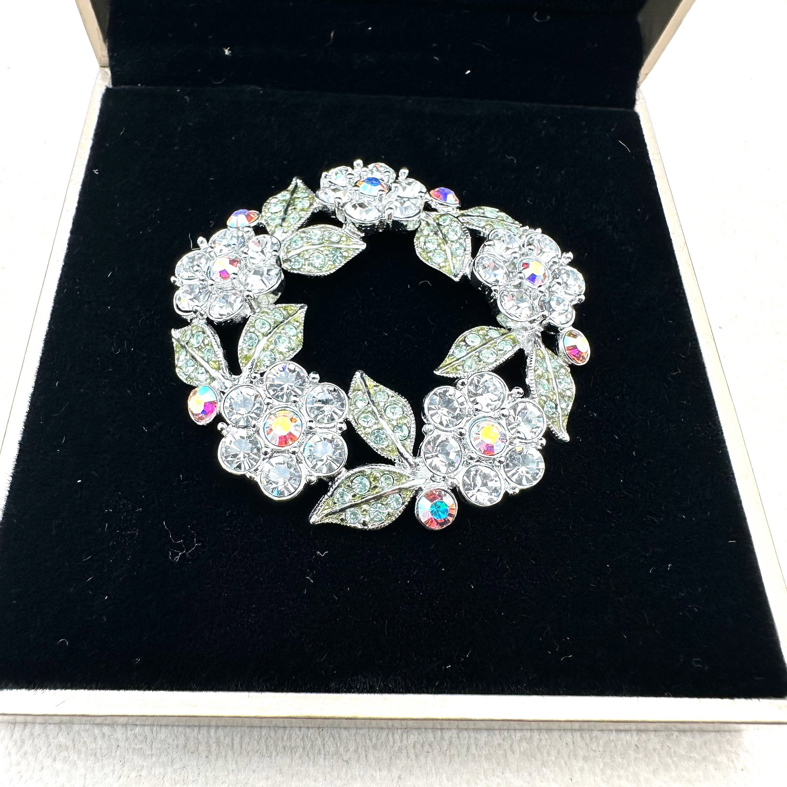Rhinestone Flower Wreath Brooch Pin Silver Tone In Original Box from Department Store: Rhinestone Flower Wreath Brooch Pin Silver Tone In Original Box from Department Store