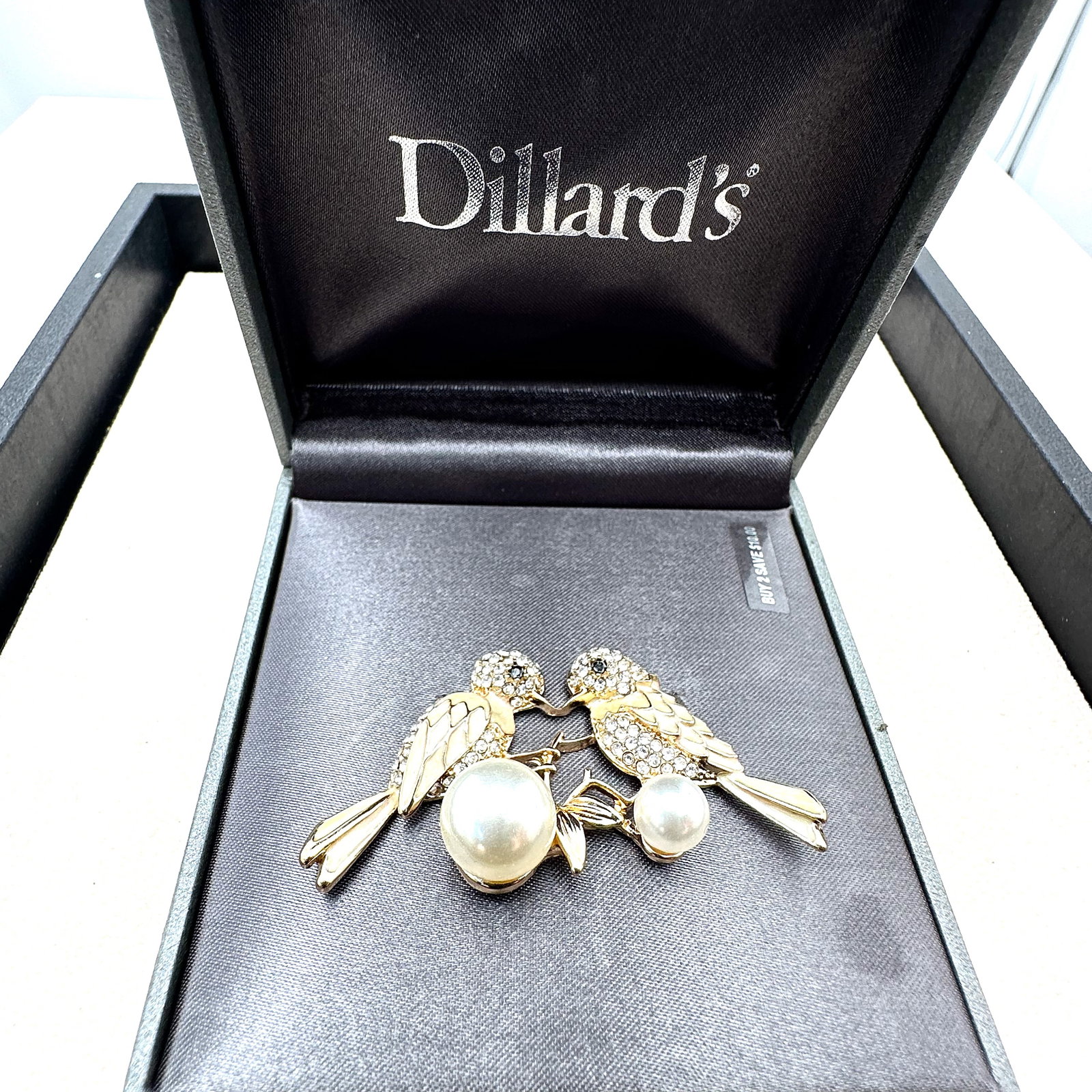 Enamel and Rhinestone Birds Brooch Pin in Original Box From Dillards Department Store: Enamel and Rhinestone Birds Brooch Pin in Original Box From Dillards Department Store