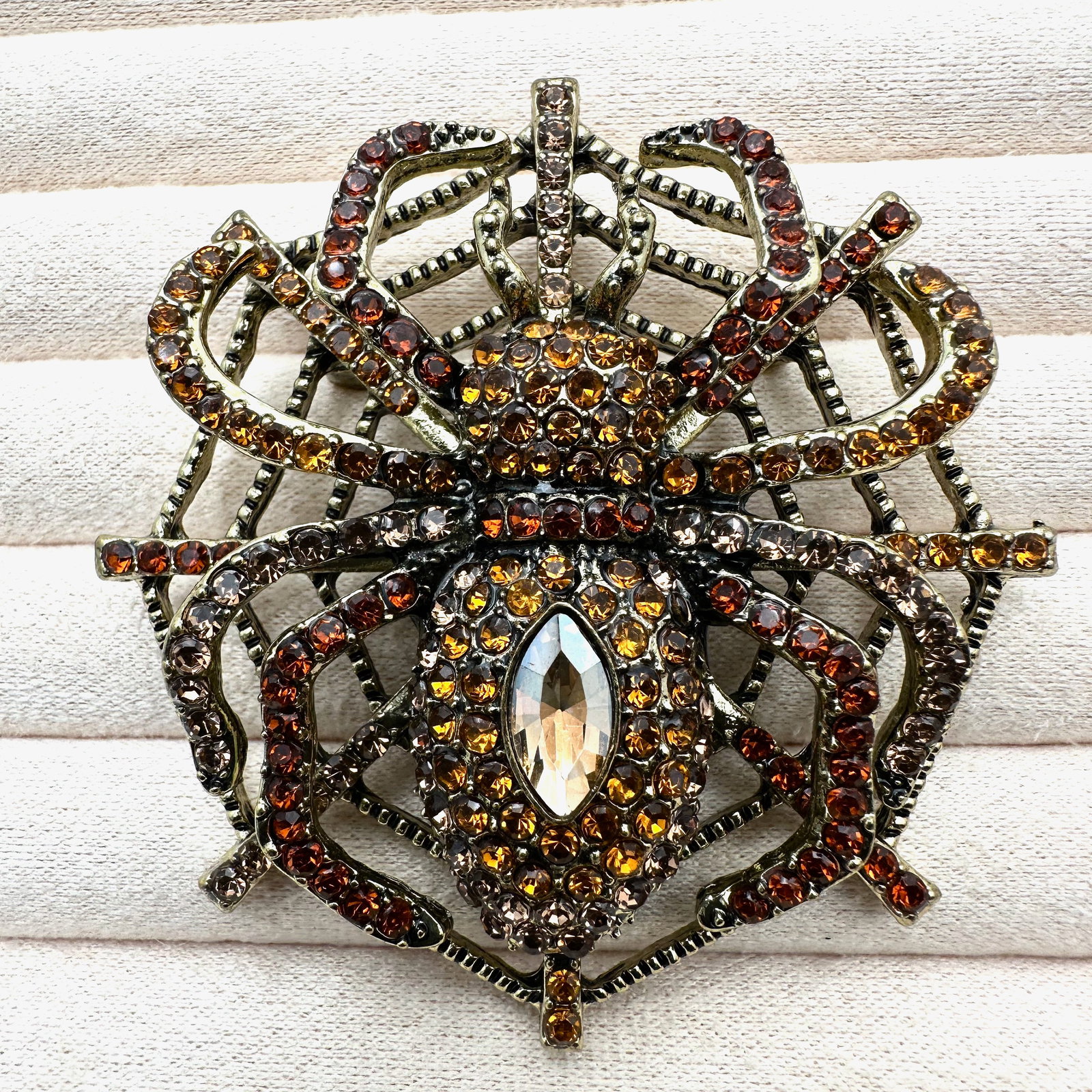 Amber Colored Rhinestone Gold Tone Spider on Web Brooch Pin 3 Inch Heavy Quality (1 of 2)