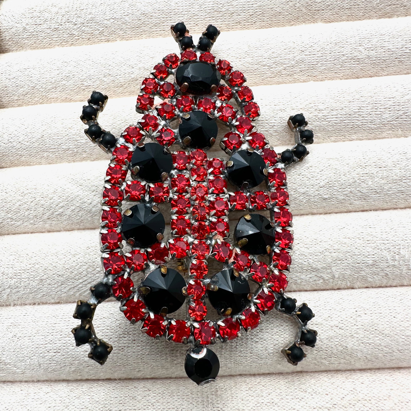 Vintage Czech Red and Black Glass Lady Bug Brooch Pin Silver Tone Purposely Unplated Back 3 Inch (1 of 2)