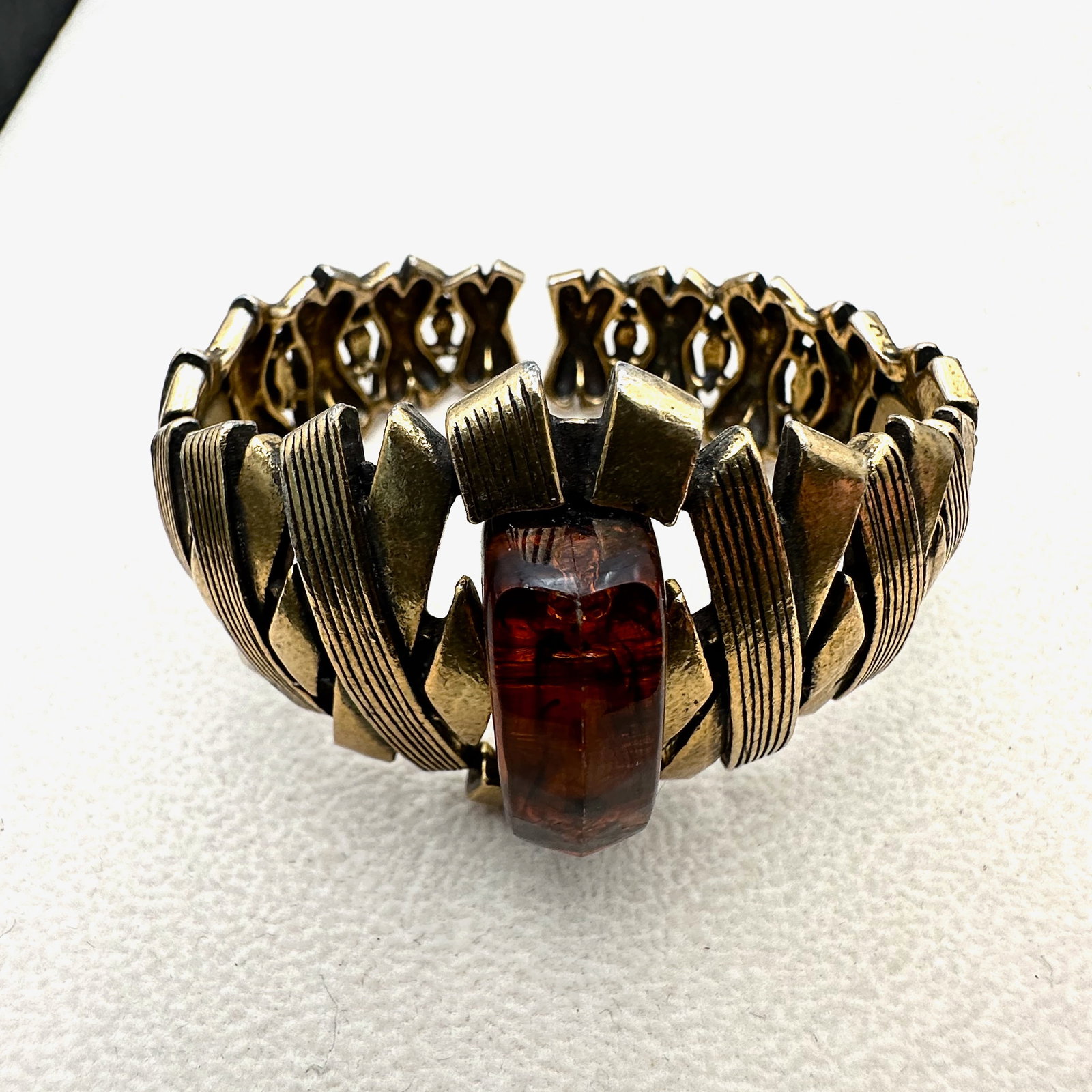 Vintage Hollycraft Amber Colored Stone Gold Tone Double Hinged Bracelet (1 of 2)