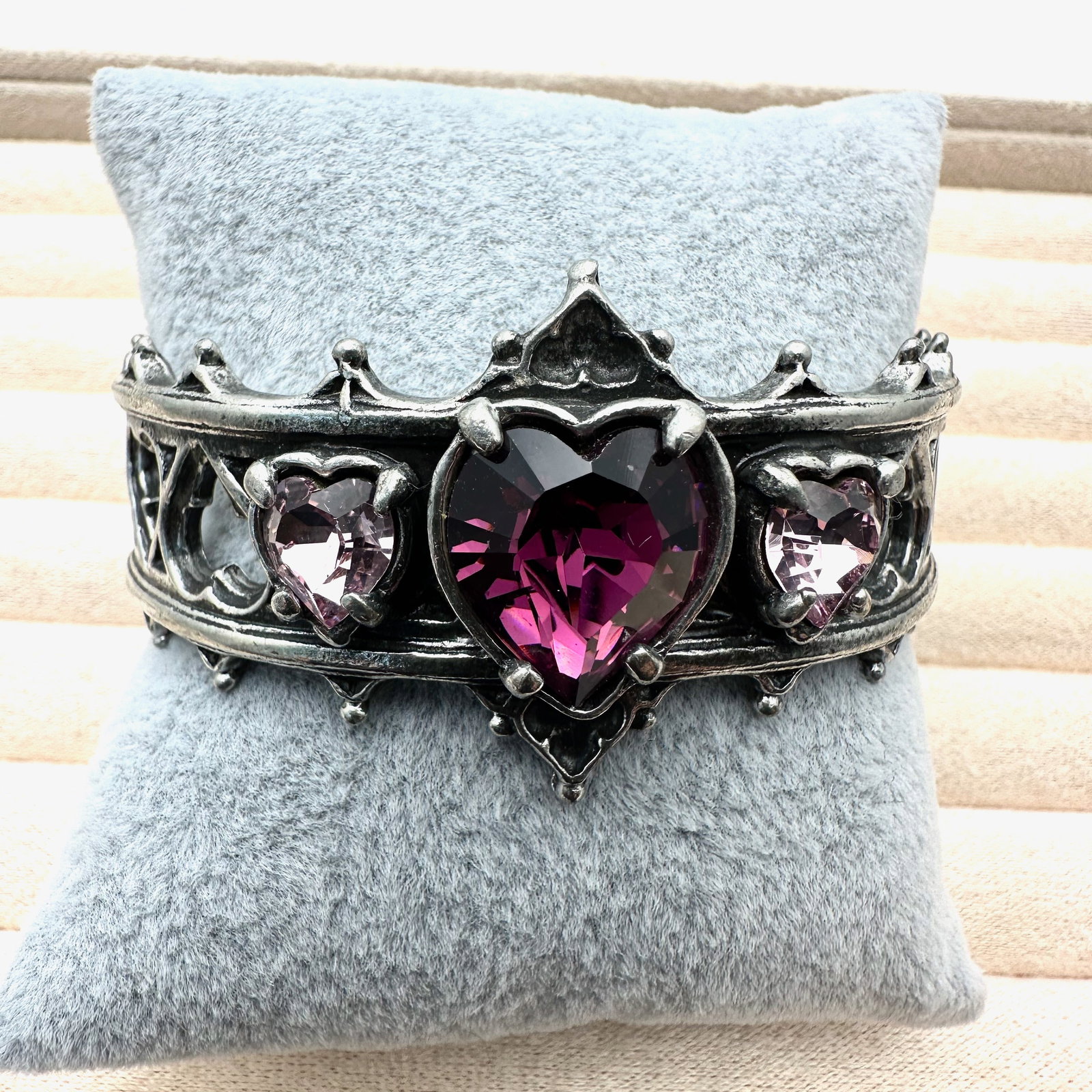 Made In England Gothic Alchemy Silver tone Cuff Bracelet Purple and Pink Crystal Hearts (1 of 2)