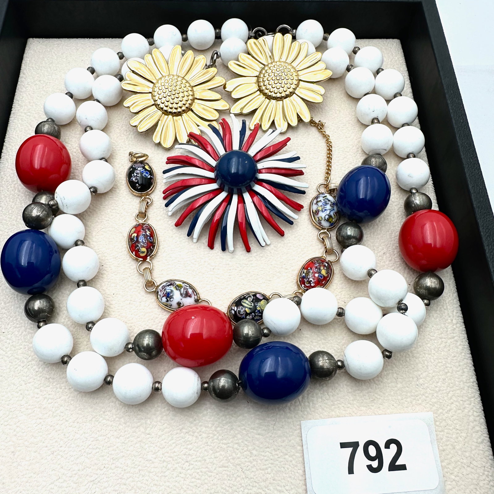 Vintage Group Jewelry Lot Red White Blue Necklace Mid Century Flower Brooch Bracelet and Pierced (1 of 2)