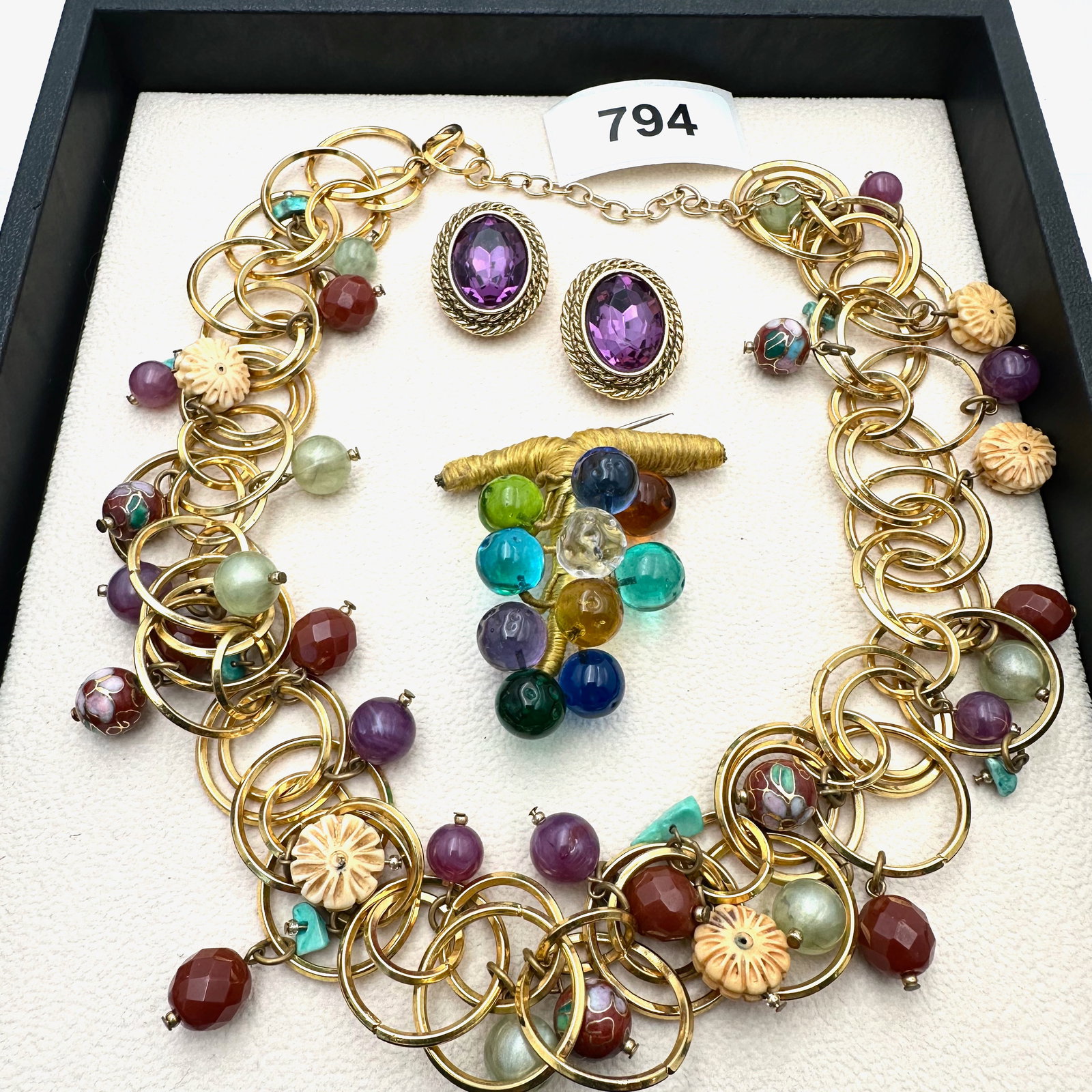 Vintage Group Jewelry Lot Cloisonne' Bead Necklace 1928 Brand Earrings Glass Grapes Brooch: Vintage Group Jewelry Lot Cloisonne' Bead Necklace 1928 Brand Earrings Glass Grapes Brooch
