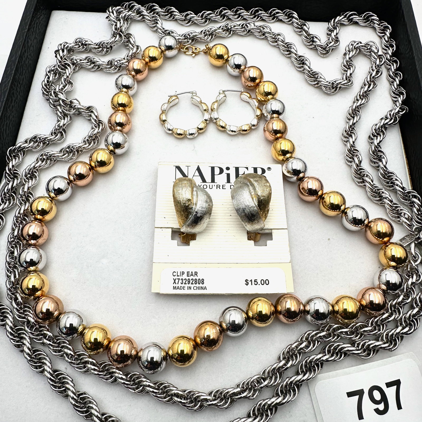 Vintage Group Jewelry Lot Napier Clip Earrings Monet Tri Color Bead Necklace & Silver Chain Necklace: Vintage Group Jewelry Lot Napier Clip Earrings Monet Tri Color Bead Necklace & Silver Chain Necklace