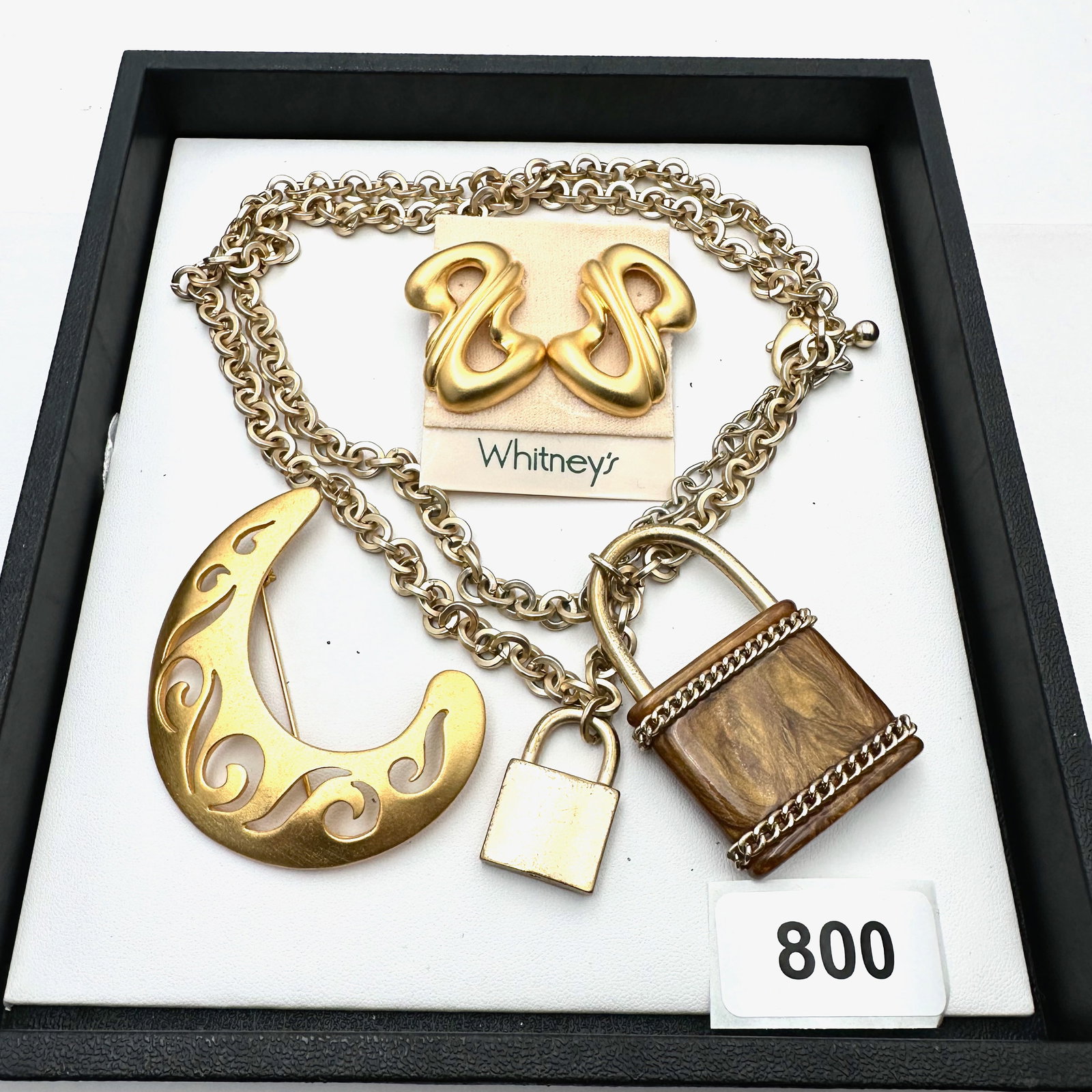Vintage Group Jewelry Lot Matte Gold Tone Pierced Earrings Brooch and Lucite Lock Pendant Necklace (1 of 2)