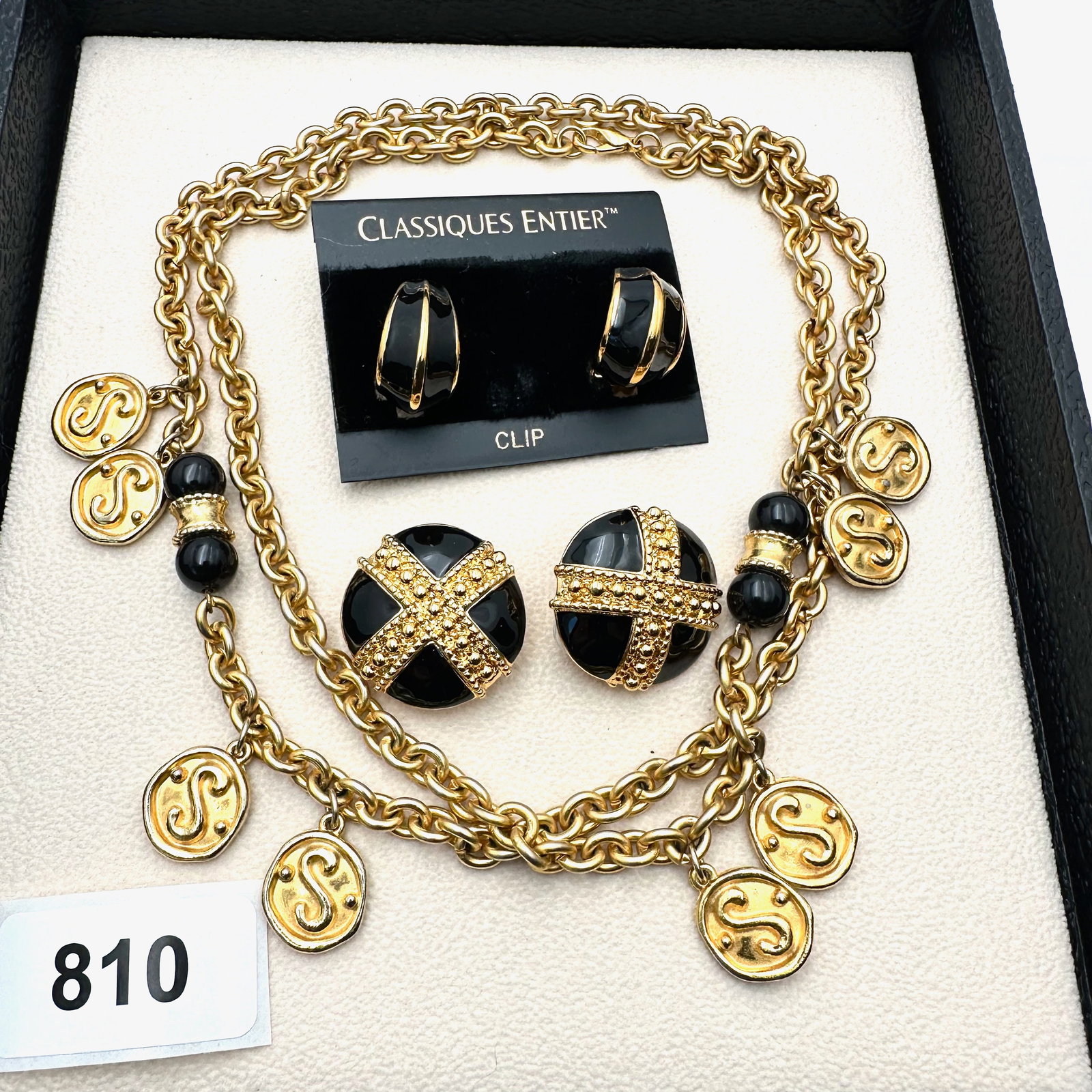 Vintage Group Jewelry Lot Black Enamel Gold Tone Clip Earrings and Pendant Necklace: Vintage Group Jewelry Lot Black Enamel Gold Tone Clip Earrings and Pendant Necklace