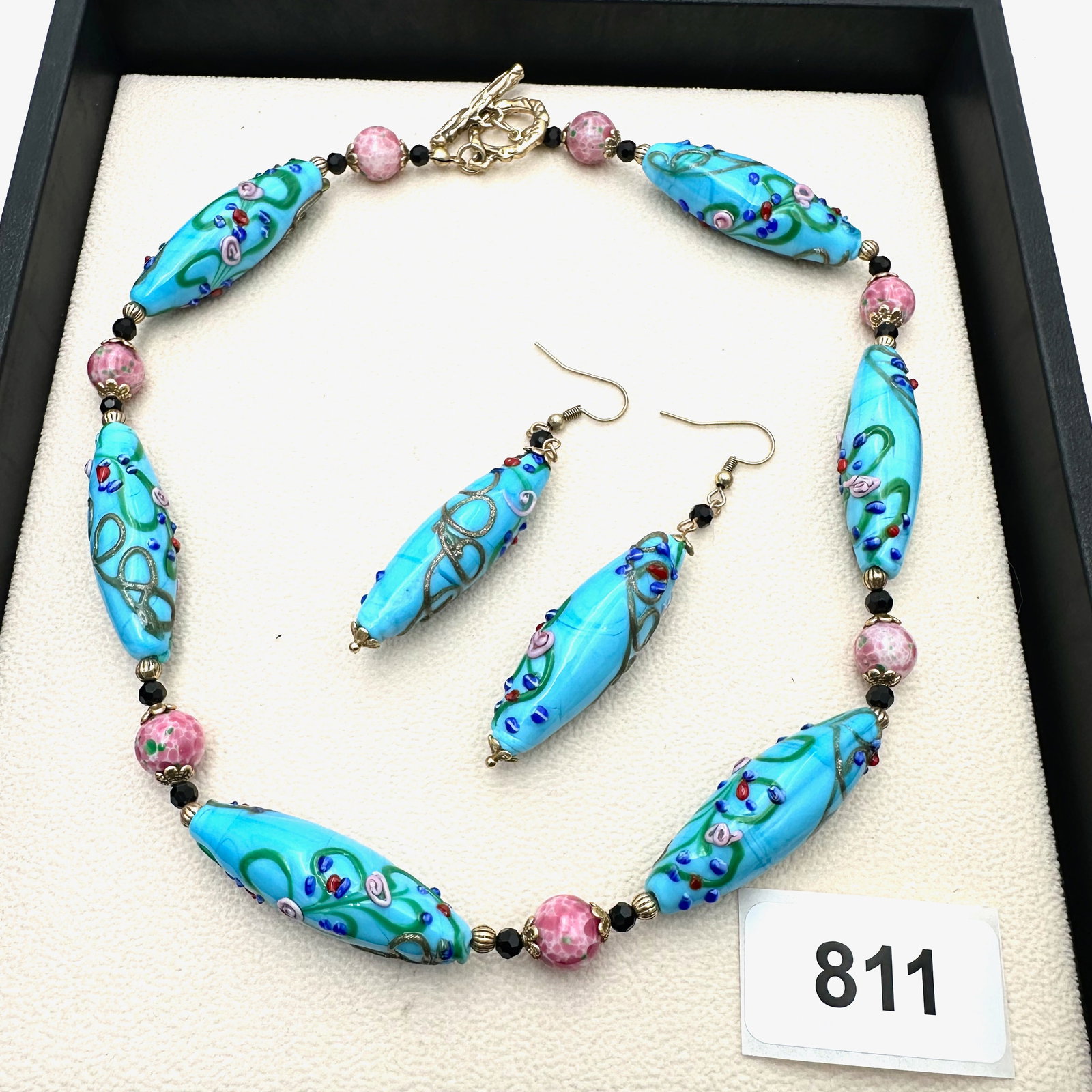 Blue Multicolor Wedding Cake Glass Bead Necklace and Pierced Earrings Set: Blue Multicolor Wedding Cake Glass Bead Necklace and Pierced Earrings Set