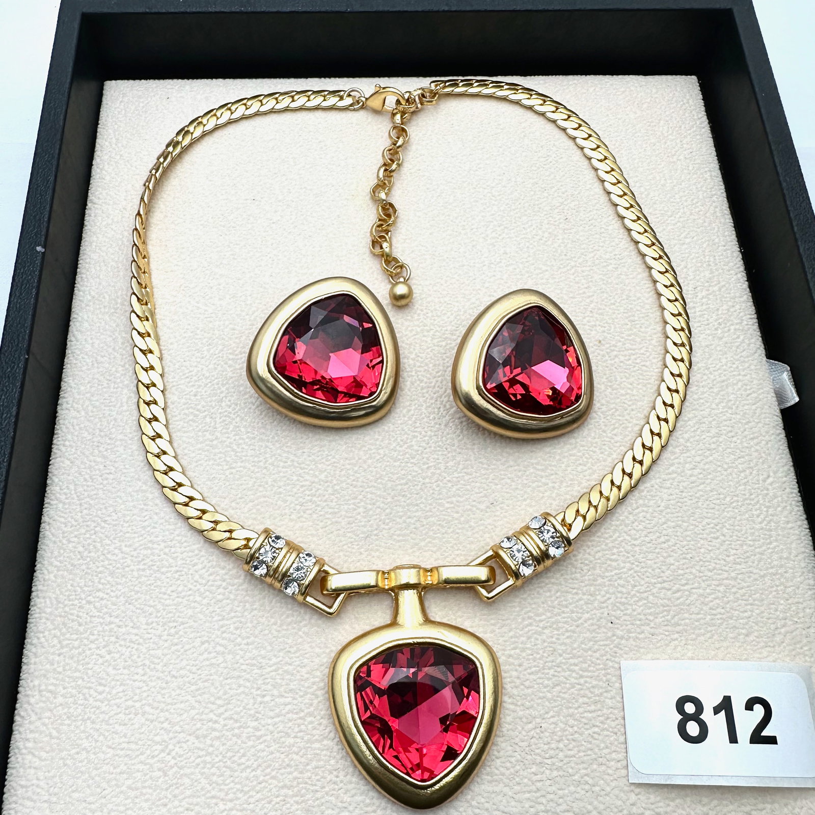 Pink Crystal Matte Gold Tone Pendant Necklace and Clip Earrings Set (1 of 2)
