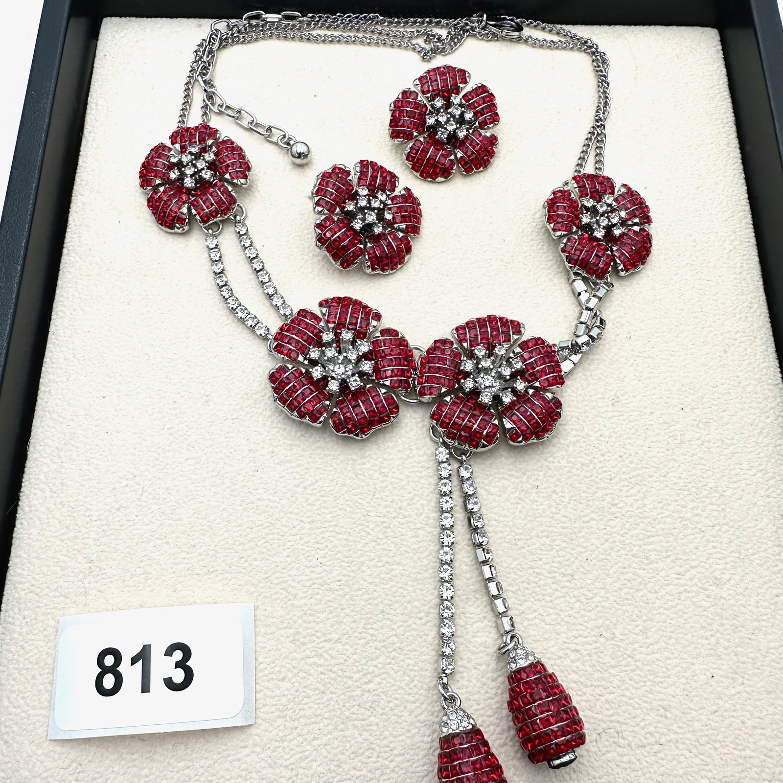 Red Rhinestone Invisible Set Flower Design Silver Tone Necklace and Pierced Earrings Set (1 of 2)
