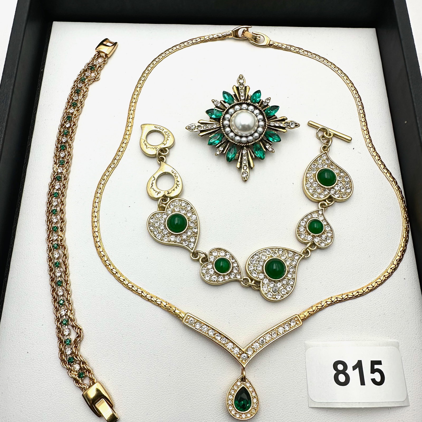 Vintage Group Jewelry Lot Monet Green Crystal Gold Tone Necklace Coordinating Bracelets and Brooch (1 of 2)