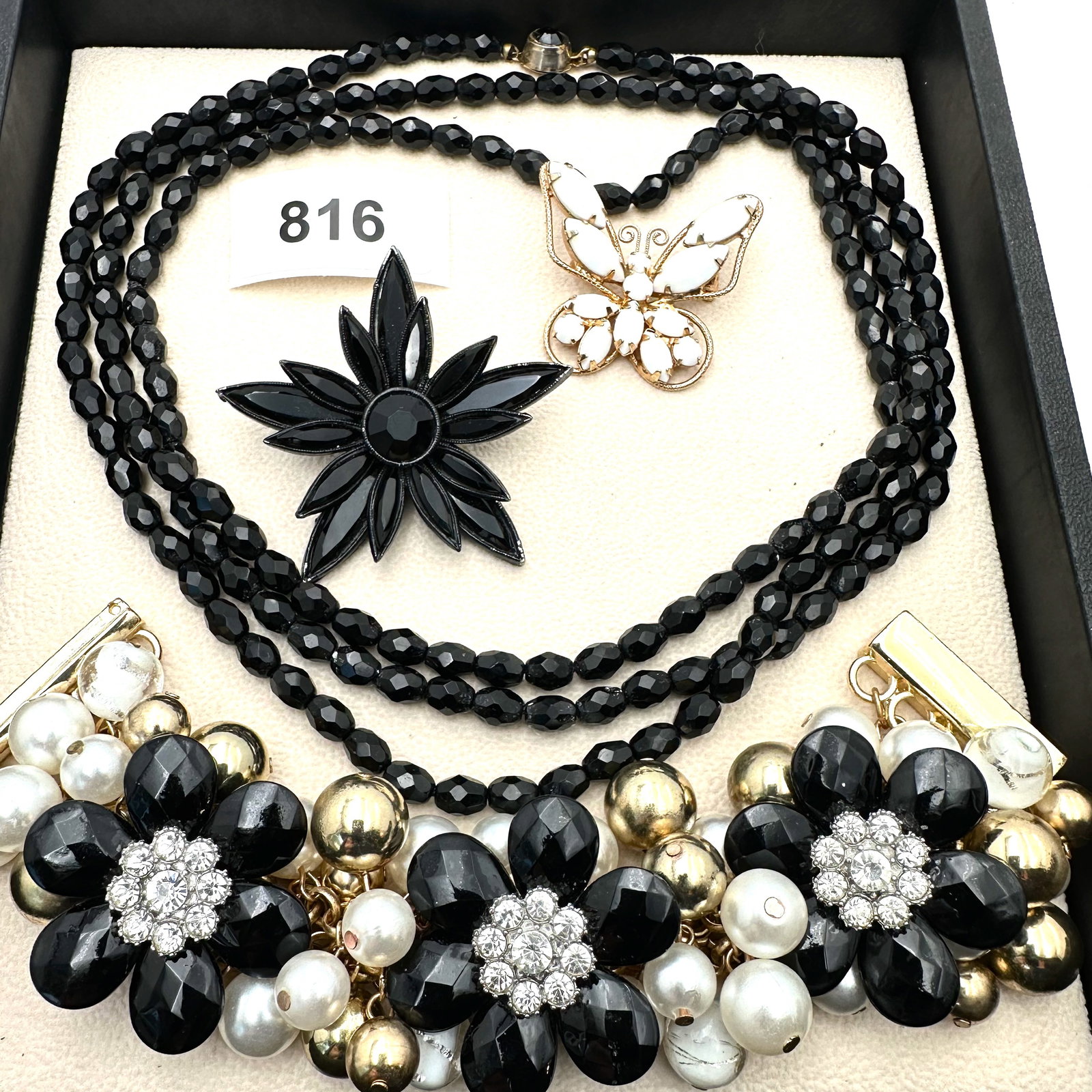 Vintage Group Jewelry Lot Black Glass Bead Necklace White Milk Glass Rhinestone Butterfly Brooch (1 of 2)