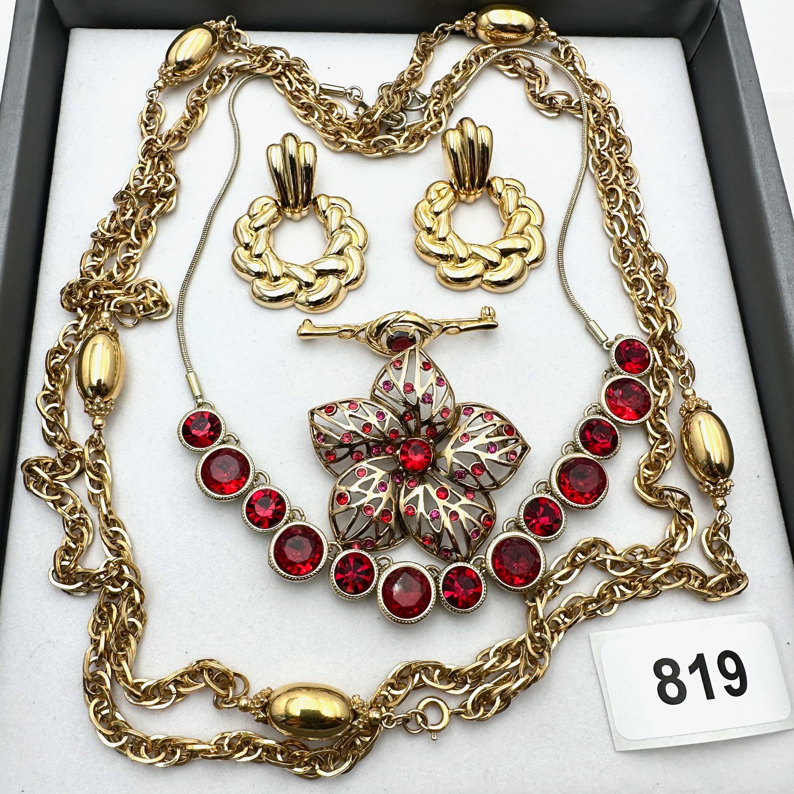 Vintage Group Jewelry Lot Gold Tone Red Crystal Necklaces Brooch and Pierced Earrings: Vintage Group Jewelry Lot Gold Tone Red Crystal Necklaces Brooch and Pierced Earrings